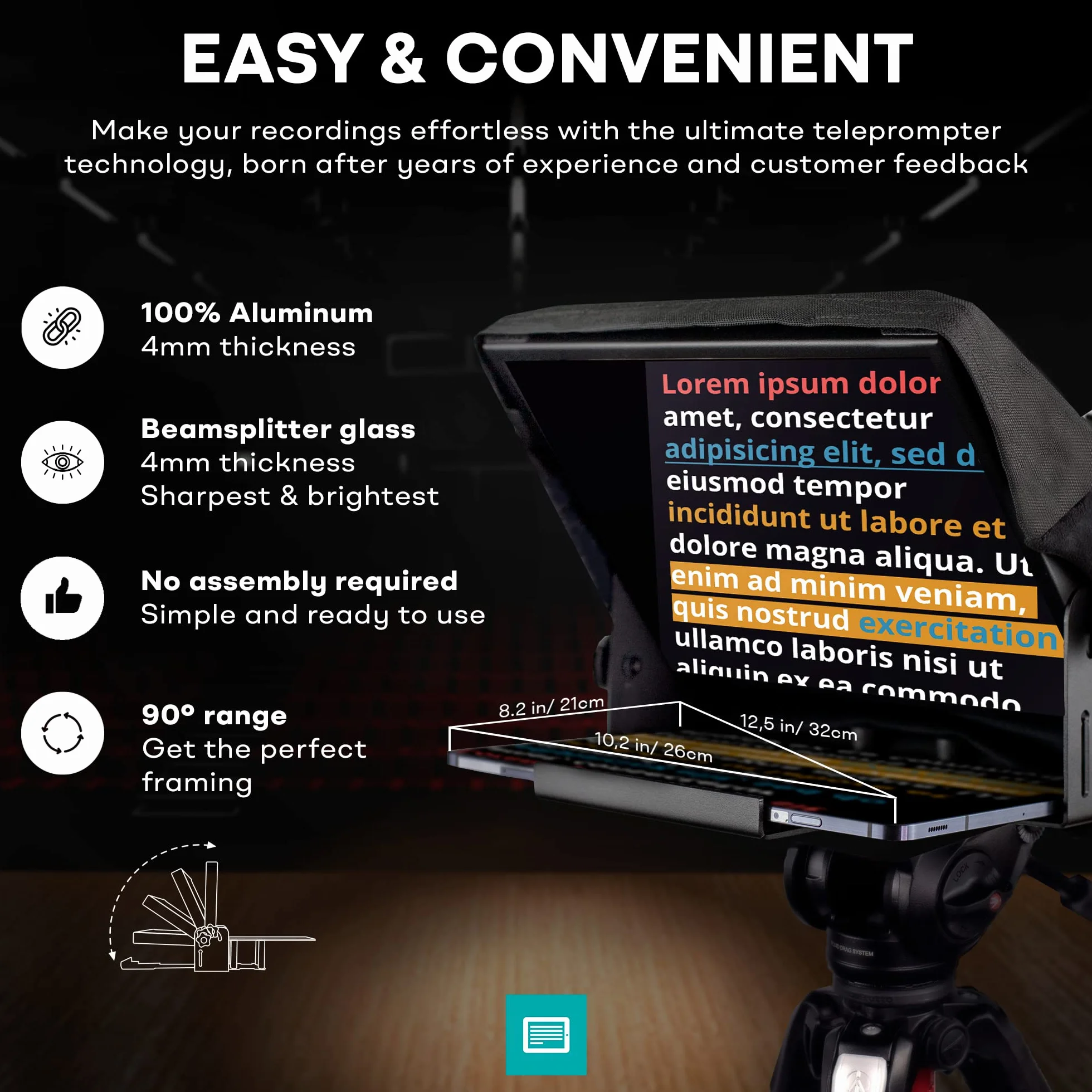 iLight PRO 12" Autocue teleprompter iPad Tablet - zestaw z pilotem, aplikacją, torbą, Beam Splitter Prompter DSLR, iPhone, Apple Android Mac Win