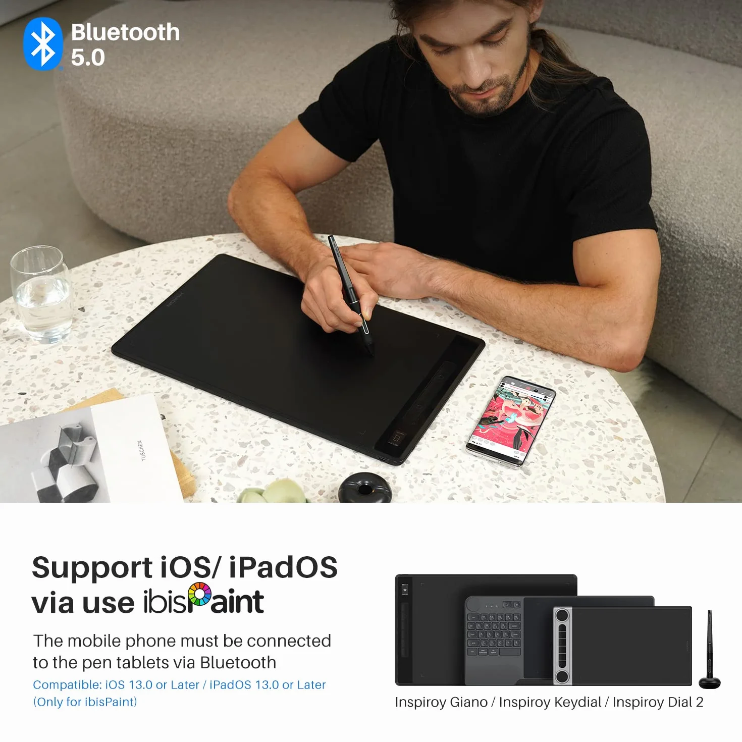 Huion Graphics Tablet Inspiray Brenial KD200 Bluetooth 5.0 8,9 x 5,6 Calowa taca pióra w połączeniu z klawiaturą i sterownikiem wybierania, odpowiedni dla początkujących i profesjonalnych projektantów