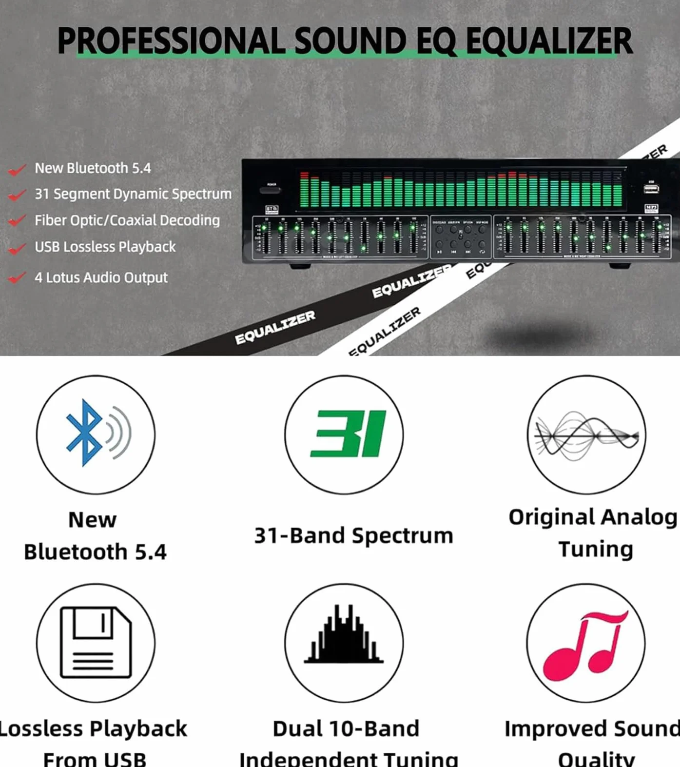 31-pasmowy korektor graficzny, cyfrowy procesor audio z profesjonalnym korektorem, 5,4-calowe koncentryczne optyczne cyfrowe dekodowanie dźwięku do scenariuszy nagrań i studiów.