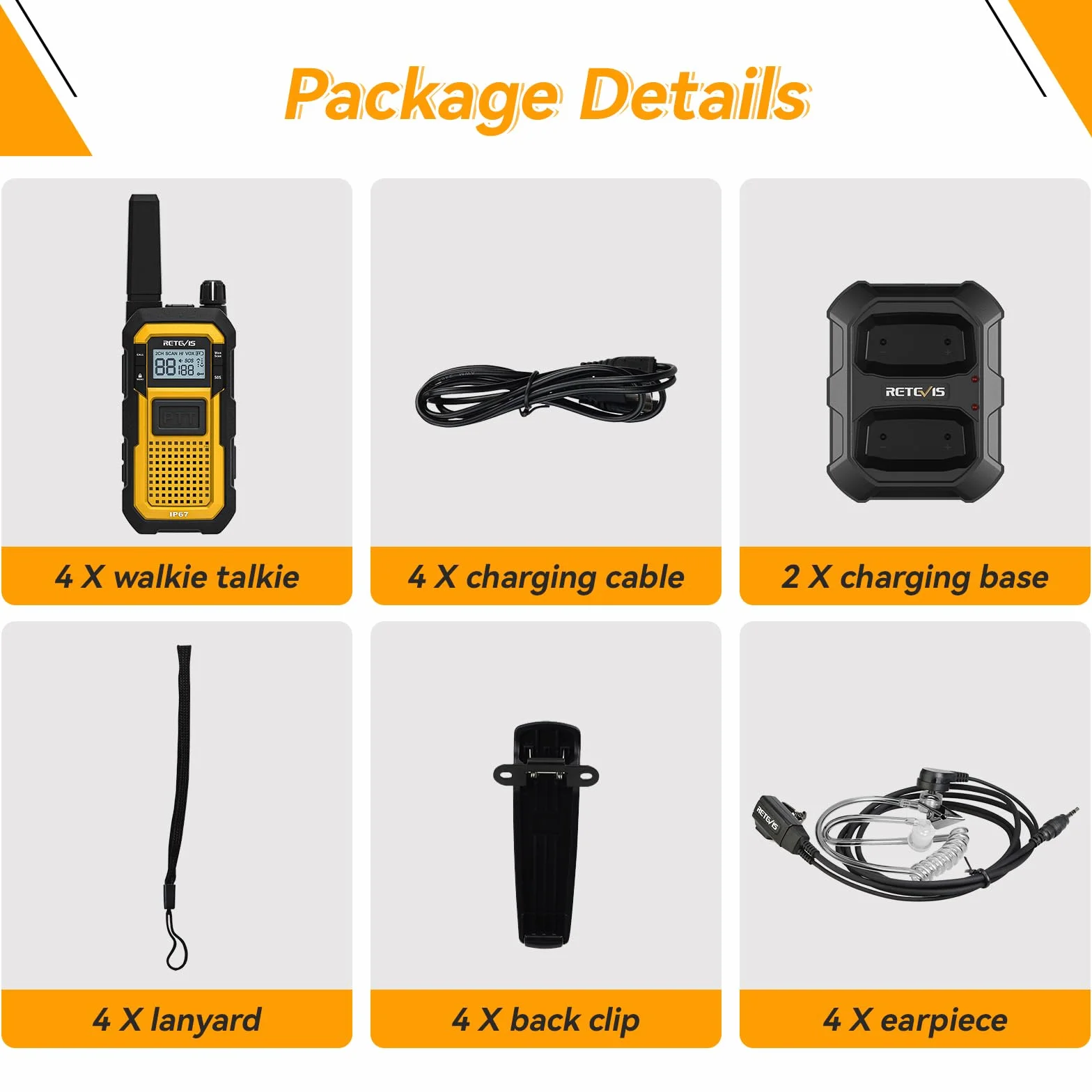 Retevis RB648 Walkie Talkie, Wodoodporne Krótkofalówki IP67, Podwójny Przycisk PTT, Wibracje SOS, 2000 mAh Typ C, Wytrzymałe Walkie-Talkie ze Słuchawką na plac Budowy (4 Szt, Żółty)