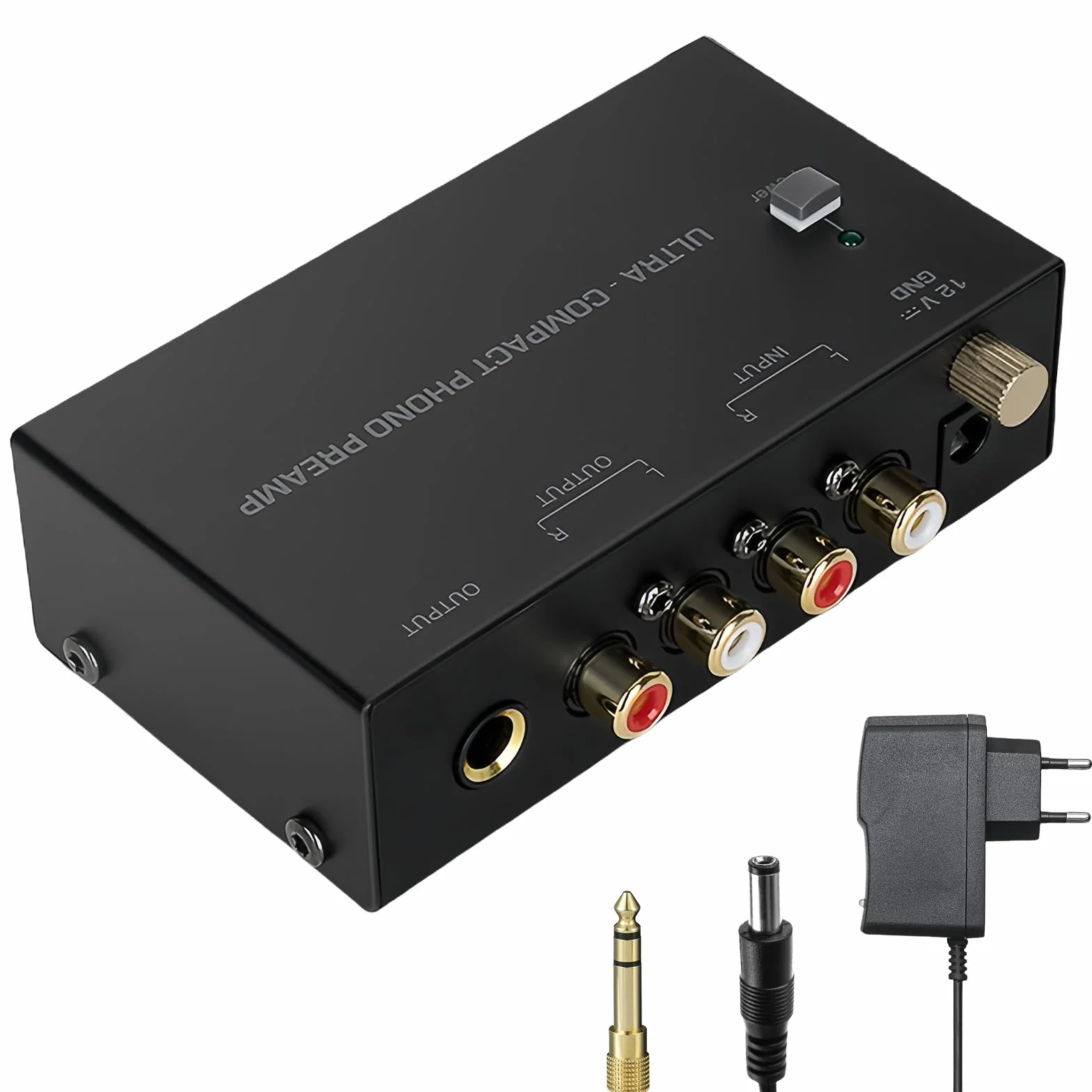 Phono przedwzmacniacz gramofonowy, przedwzmacniacz do gramofonów, Phono Preamp do gramofonów z adapterem DC 12 V, wejście i wyjście RCA, przedwzmacniacz gramofonowy z poziomem