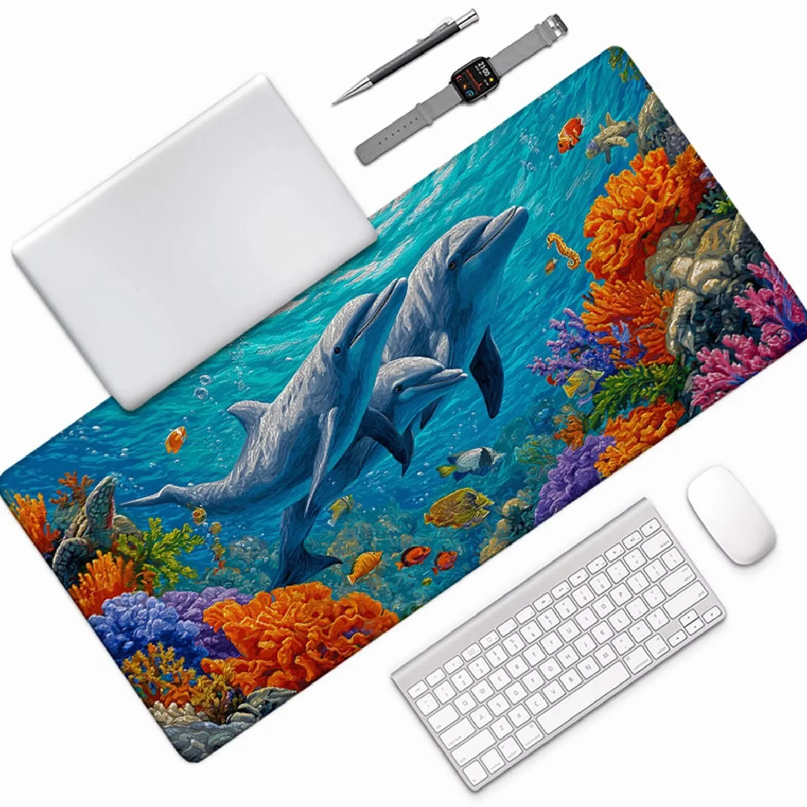 Podkładka pod mysz 1200 x 600 x 3 mm ryby, delfin mata na biurko do gier, podkładka pod mysz z gumową podstawą, mata biurowa ze szwami na krawędziach, akcesoria dla graczy, do domowego biura gier
