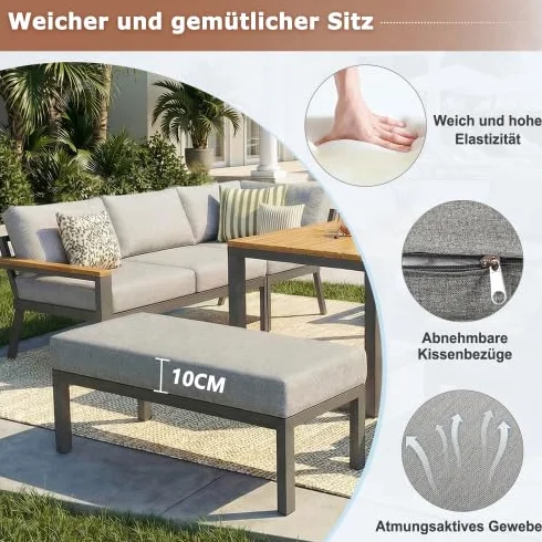 vutizal 8-osobowa modułowa sofa w kształcie litery L z 10 cm tapicerką, zestaw mebli ogrodowych na zewnątrz, meble tarasowe i balkonowe, ławka narożna, ręcznie tkana wiklina i stół WPC, płasko