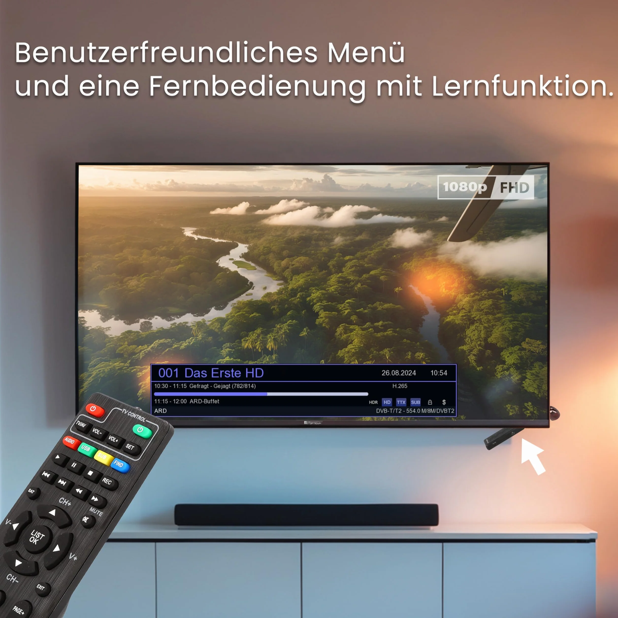 RED OPTICUM T-Box Mini DVB-T2/C cyfrowy odbiornik Full HD, H.265 HEVC, HDMI, USB 2.0, czarny, z pilotem zdalnego sterowania, czujnik podczerwieni, EPG, teletekst, funkcja PVR, 115 x 37 x 17 mm