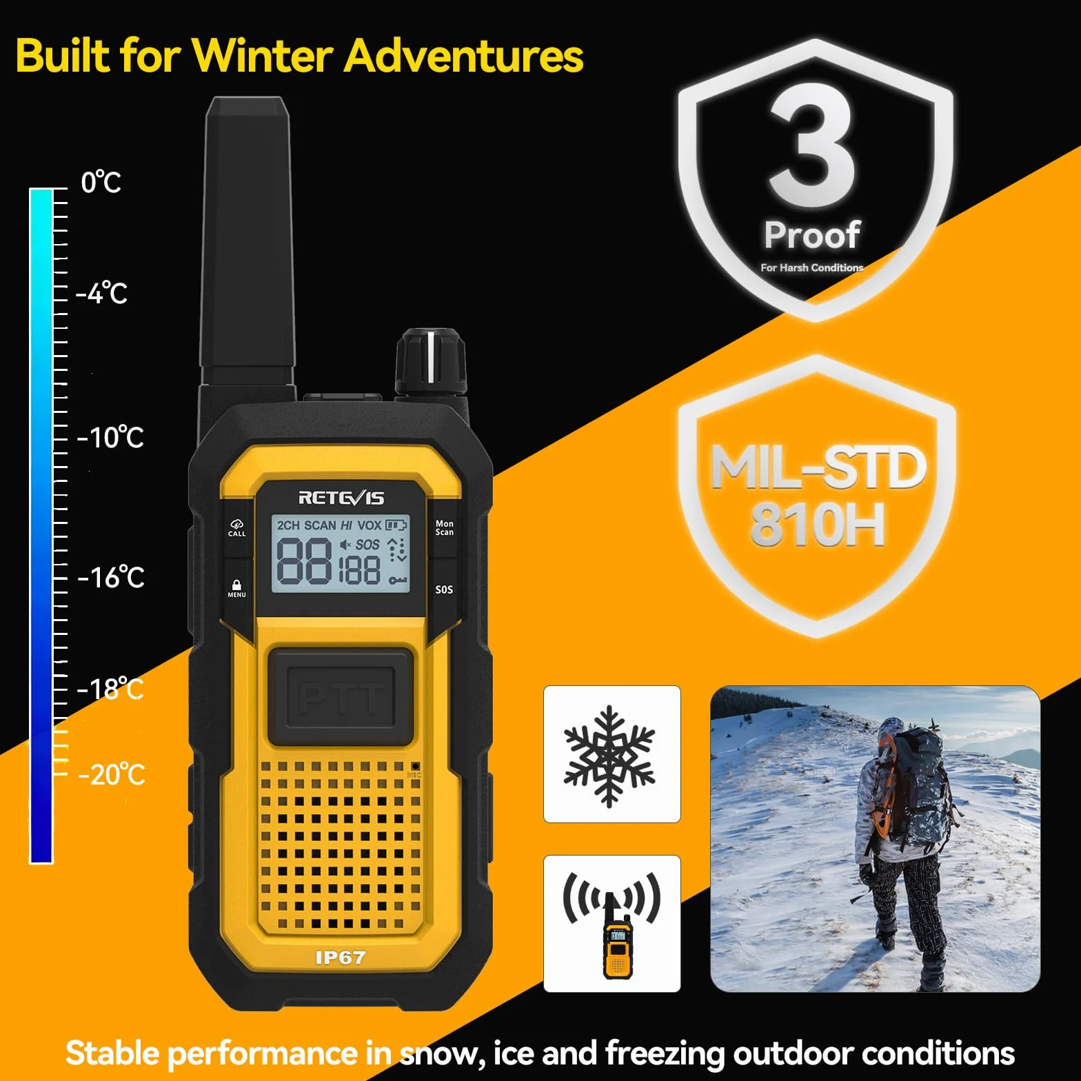 Retevis RB648 Heavy Duty Walkie Talkie, Wodoodporne Dwukierunkowe Radio IP67, Podwójny PTT, 2000 mAh, Awaryjne Krótkofalówki dla Dorosłych na Plac Budowy(2 Szt, Żółty)