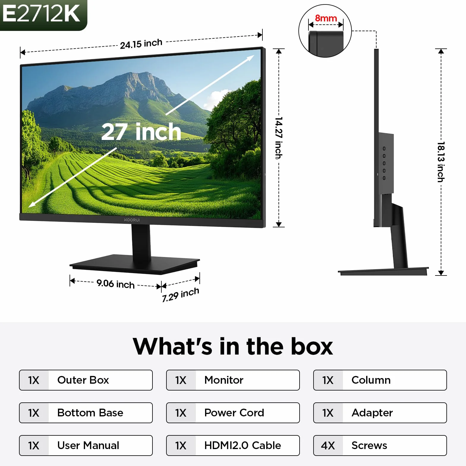 KOORUI 27-calowy ekran PC Full HD (1920 x 1080), IPS, 16:9, 75Hz, 5ms, VGA i HDMI, tryb słabego niebieskiego światła, szeroki kąt widzenia 178°
