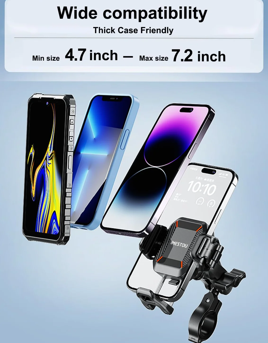 iMESTOU Antywibracyjny uchwyt na telefon do motocykli i rowerów z amortyzatorami i konstrukcją antykradzieżową, uchwyt na telefon kulkowy 2.5 cm nadaje się do telefonów o grubości 13.2 cm-18.3 cm do