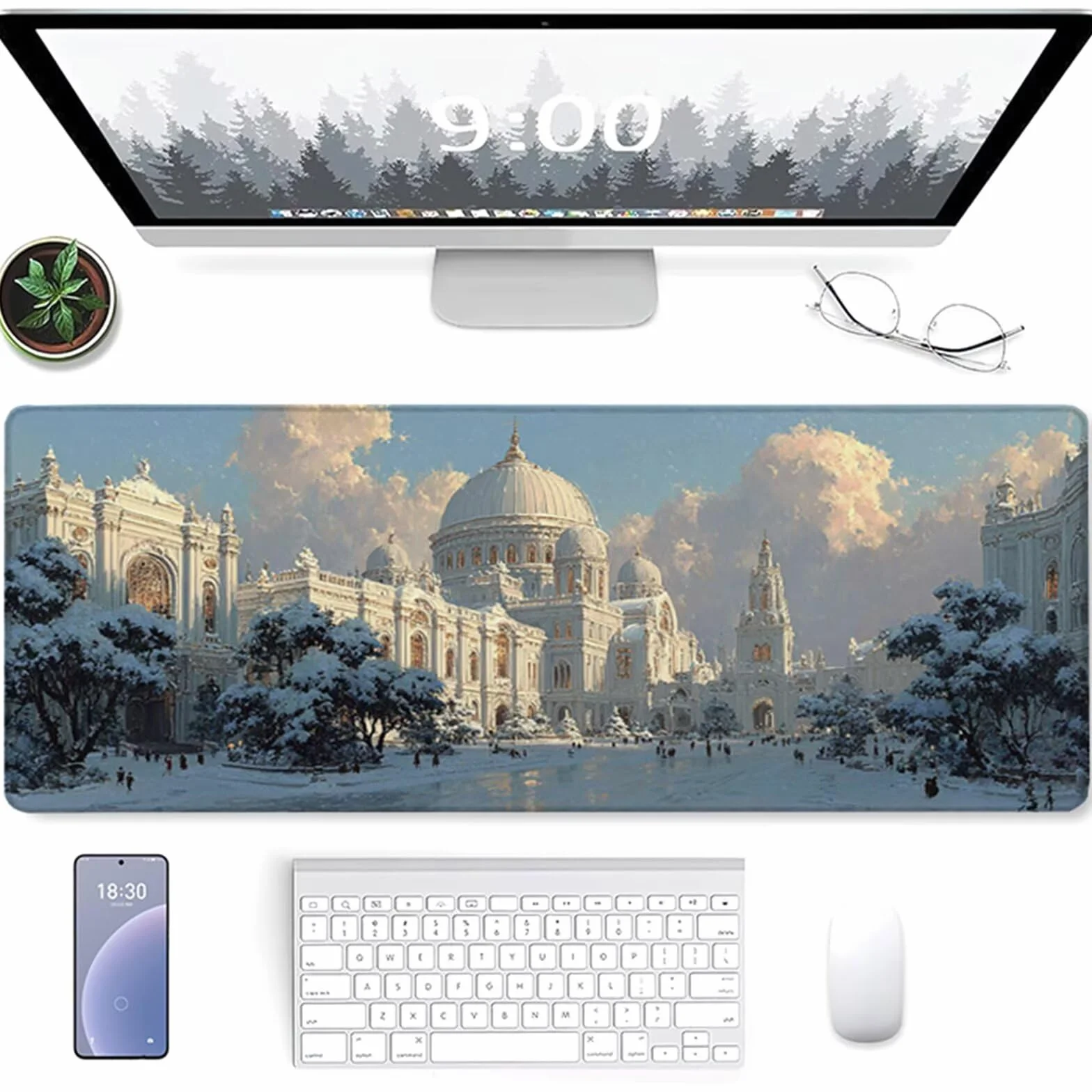Architektura podkładka pod mysz, duża, śnieżna scena gamingowa podkładka pod mysz 162 x 81 cm, mata na biurko z przeszytą krawędzią, podkładka pod mysz XXL, antypoślizgowa gumowa podstawa, akcesoria