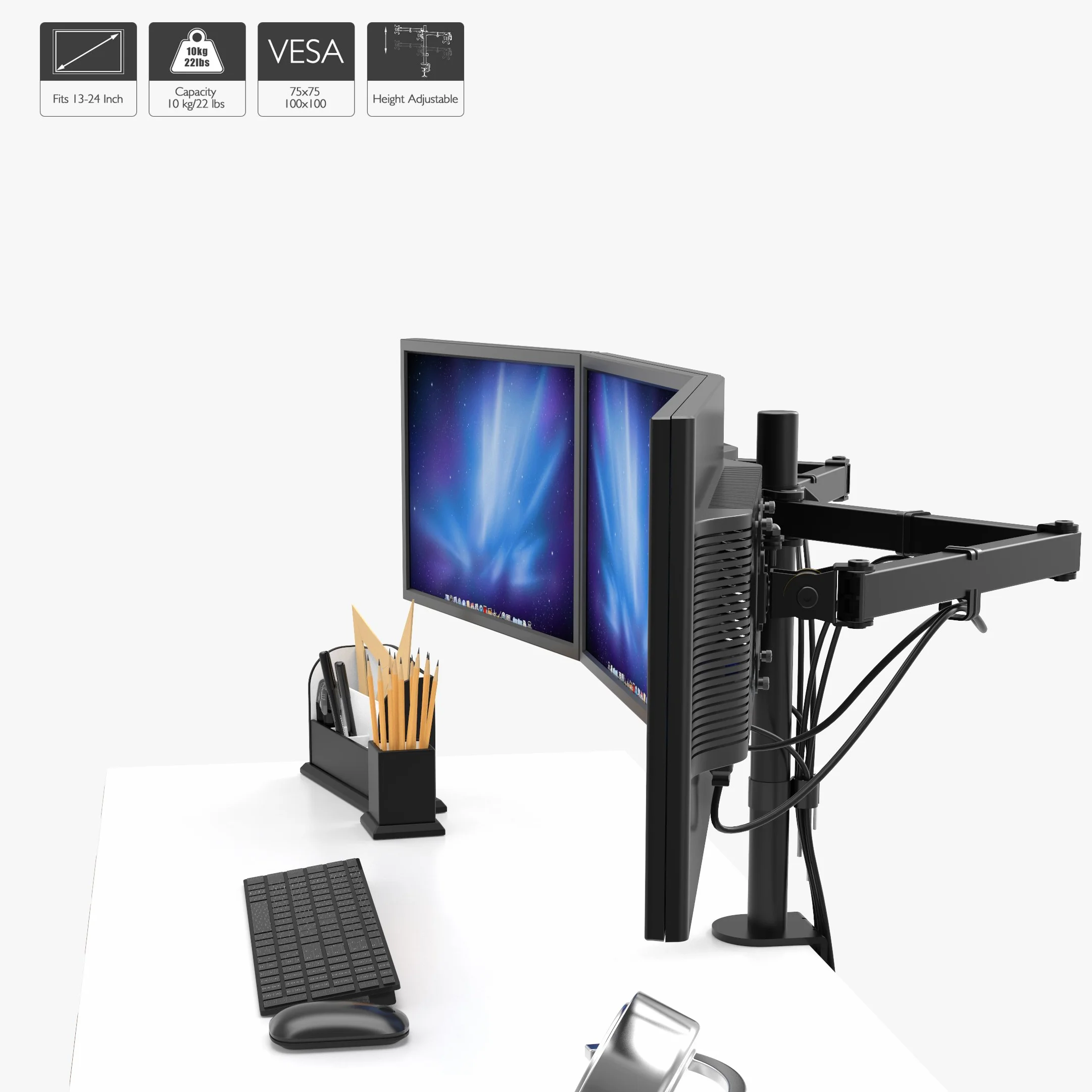 BONTEC Uchwyt na 3 Monitory Biurkowy 13-24 cale, VESA 75x75/100x100, Regulacja Wysokości, Pochylany 180°, Obracany 360°, Nośność 10kg na Monitor, Stojak na Monitory LCD/LED, Czarny | Potrójne ramię biurkowe z zaciskiem i otworem na kabel do pracy, nauki i
