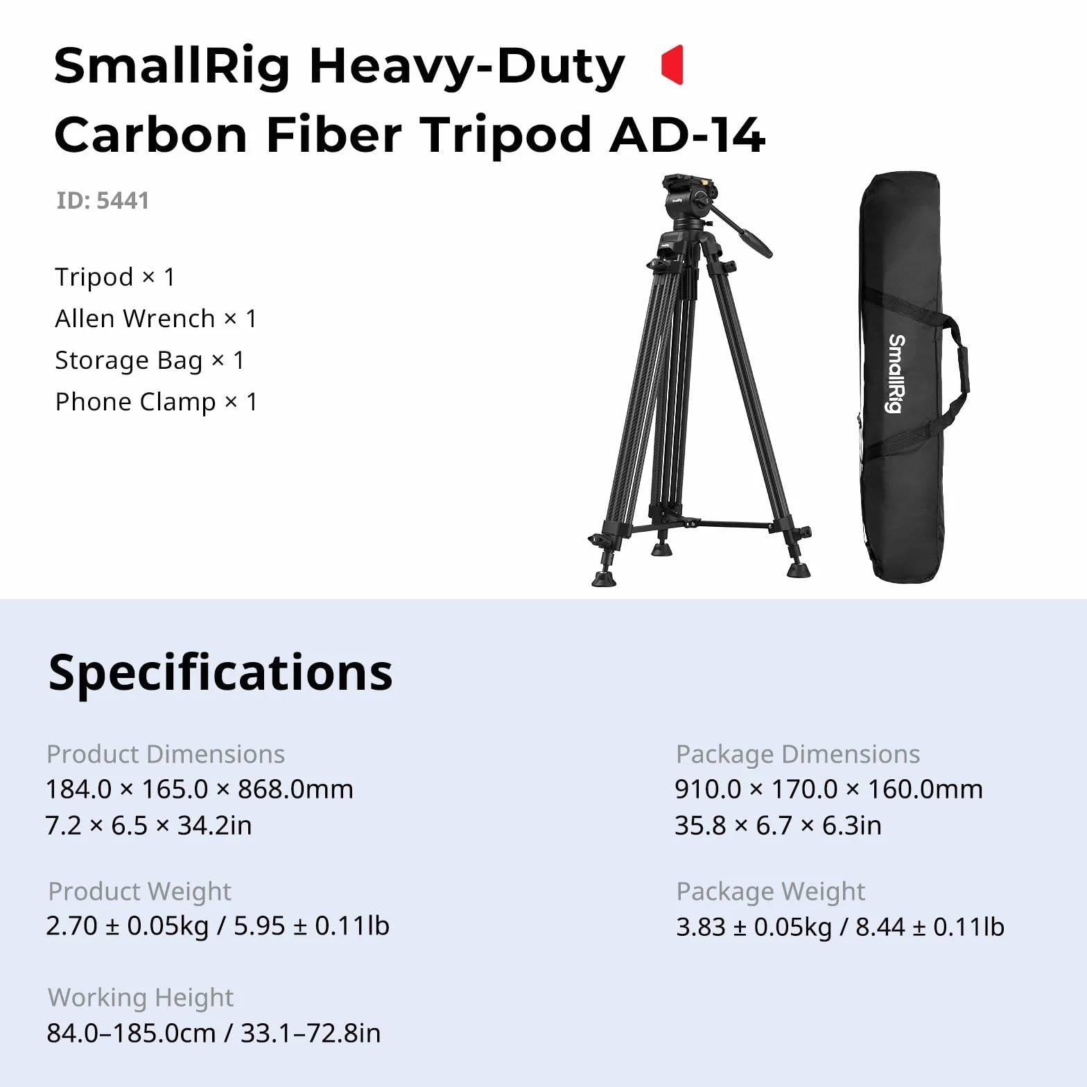 SMALLRIG 73''/185 cm, wytrzymały statyw wideo z włókna węglowego, maks. udźwig 10 kg (22 funty), głowica płynna z zakresem pochylenia od +85° do -78°,waga 2,7 kg (6 funtów) - 5441