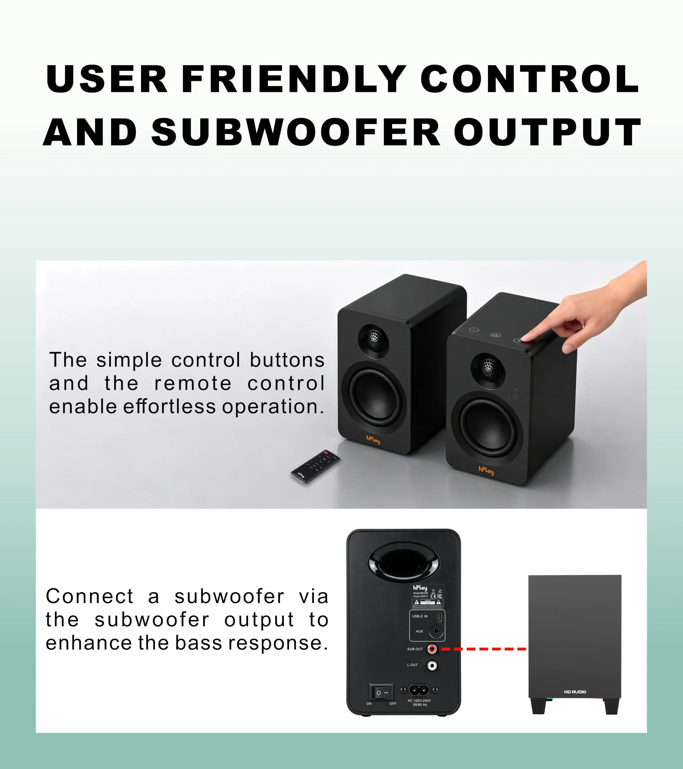hPlay BS32B głośnik aktywny – 60 W głośnik PC z Bluetooth 5.3, karta dźwiękowa USB-C, wyjście subwoofera i pilot zdalnego sterowania, płyta absorbująca, kompaktowe głośniki regałowe (czarny)