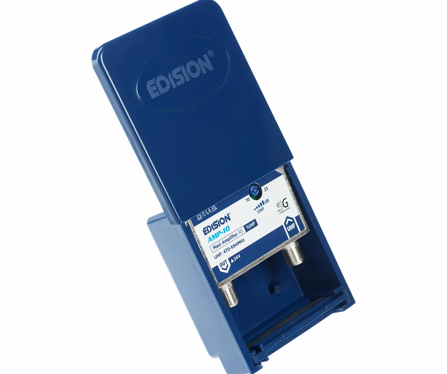 EDISION AMP-10 1UHF wzmacniacz anteny telewizyjnej 10-25 db regulowany, 107 dBmV, 24 V, do cyfrowej naziemnej DVB-T/T2, częstotliwości UHF 470-694 MHz, z filtrem 5G LTE