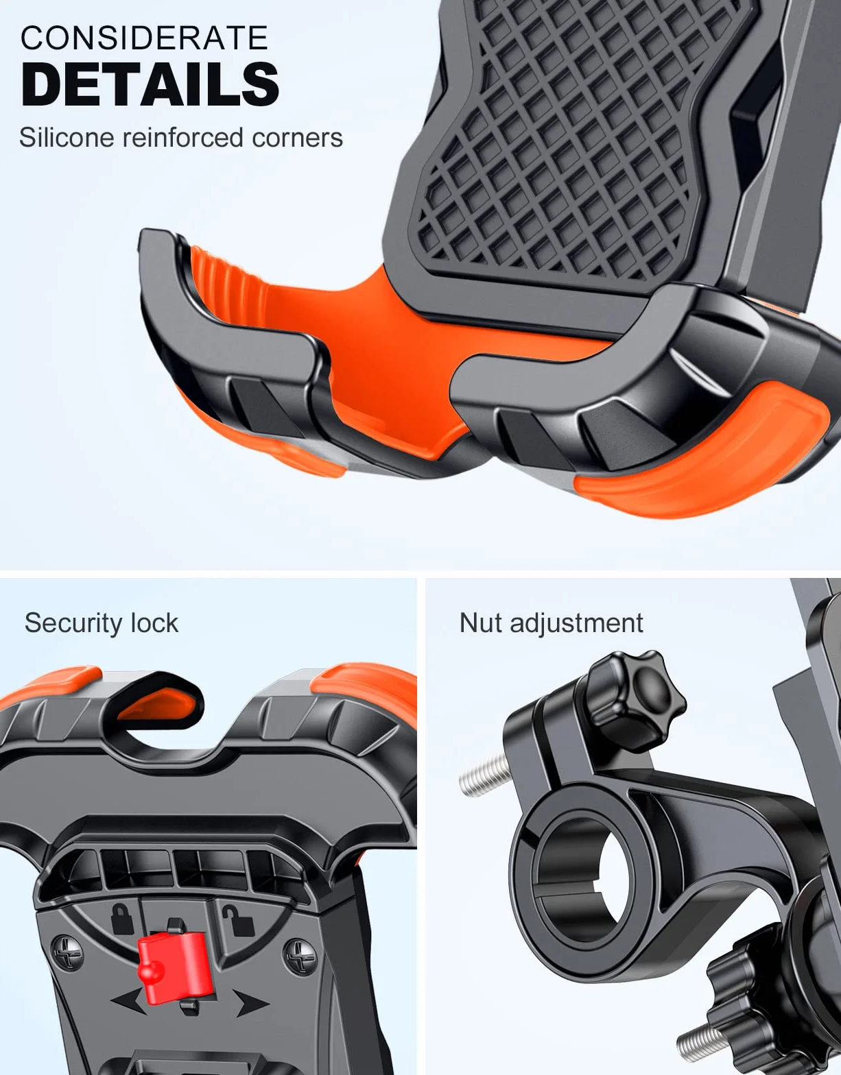 Glangeh Uchwyt na telefon rowerowy, bezpieczny zamek 8S, szybki montaż, odporny na upadek, uchwyt na telefon rowerowy obracany o 360°, do telefonów komórkowych 11.9 cm-17.3 cm, stojak na rowery