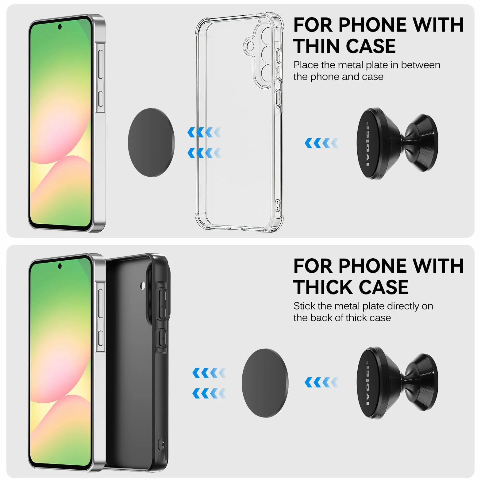 ivoler Uchwyt samochodowy na telefon, zestaw 2 sztuk, uniwersalny uchwyt samochodowy na telefon o 360°, przenośny magnetyczny magnes samoprzylepny do smartfona, kompatybilny z telefonami lub