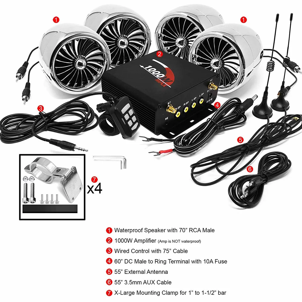 4-kanałowy wzmacniacz motocyklowy, 1000 W, 4 cale, pełny zakres, wodoodporny, Bluetooth, motocykl, głośniki stereo, system audio z AUX, USB, SD, FM, radio do kierownicy, 1–1,5 cala, Harley, Cruiser, ATV, UTV, chromowany, wentylator