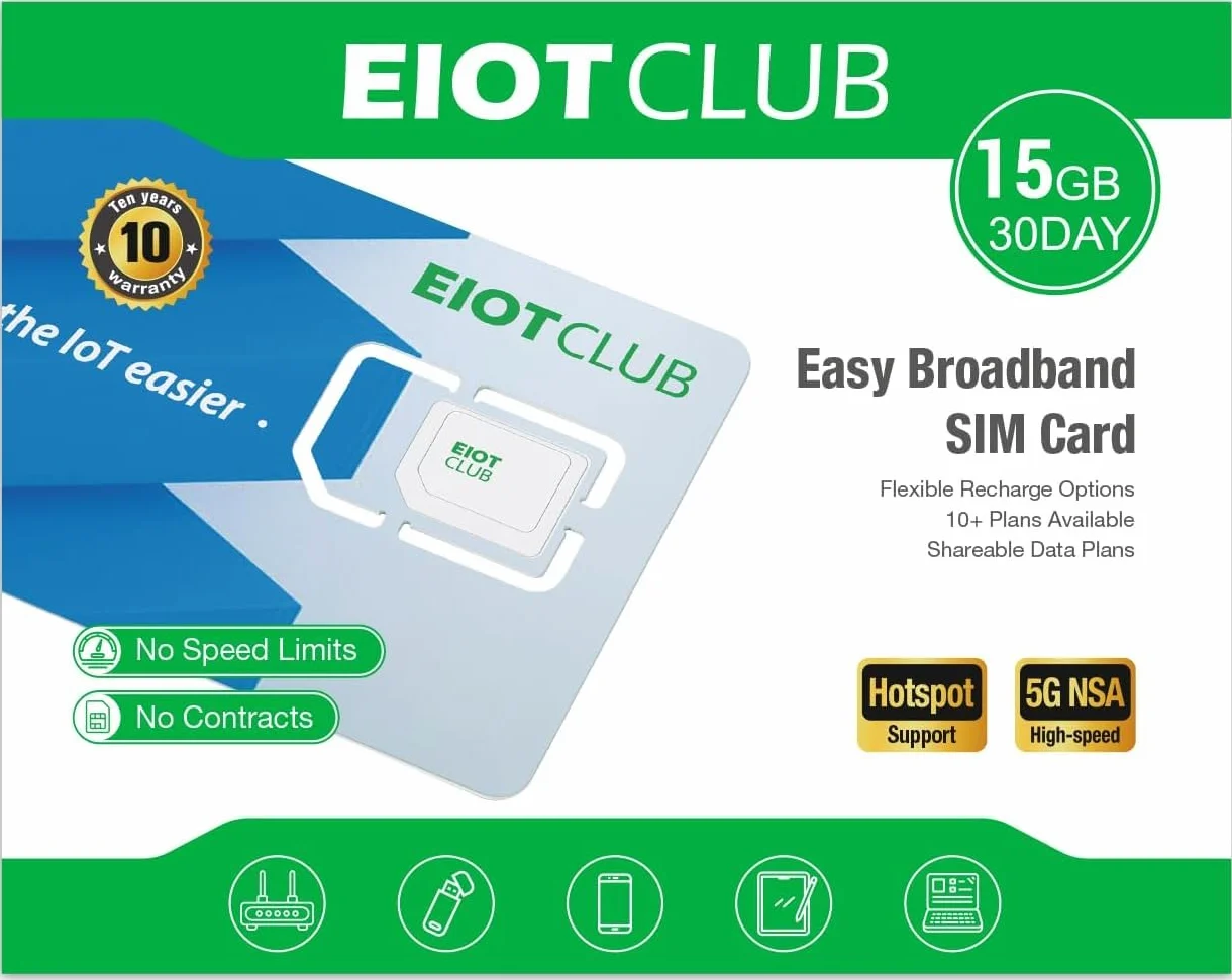 EIOTCLUB Karta SIM 5G/4G LTE, 15 GB do 33 krajów Europy, 30 dni, bez umowy, idealna do routerów, mobilnych hotspotów, kempingów, podróży vanem i obszarów wolnych od WiFi