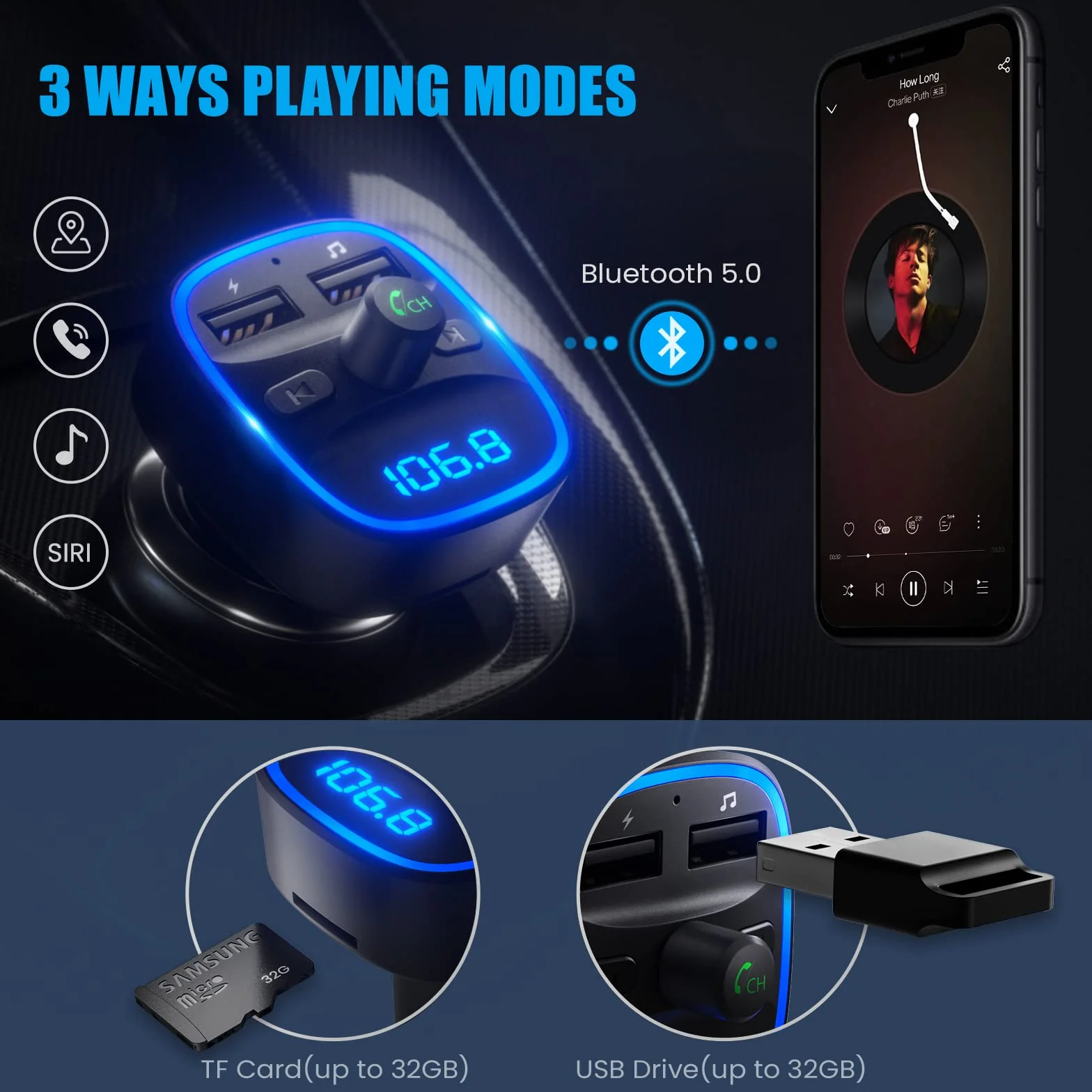 LENCENT 5.1 Samochodu Nadajnik FM Bluetooth, Nadajnik Bluetooth, Adapter Radia Samochodowego z Dwoma Portami USB, Zapalniczka Samochodowa z Zestawem Głośnomówiącym, Obsługa Dysków USB, Ciemnoszary