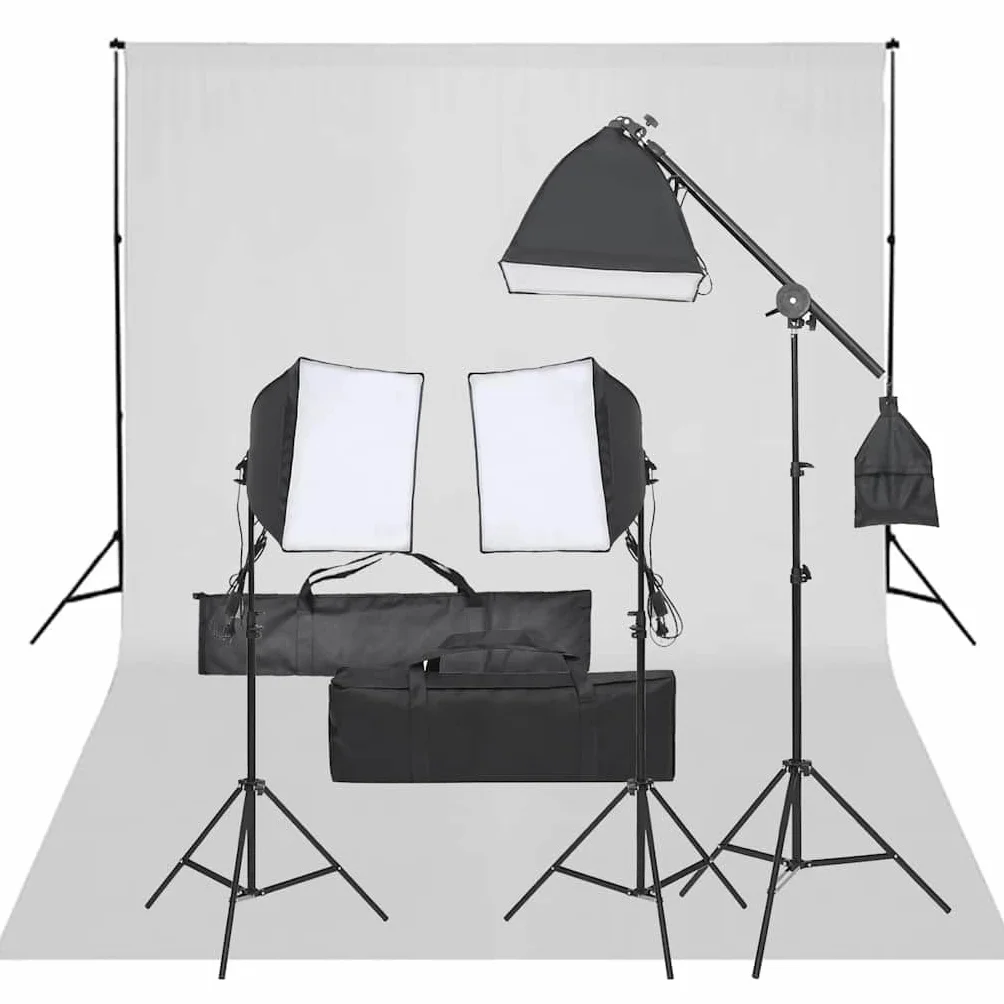 Zestaw do studia fotograficznego ze światłem ciągłym LED, 3 softboxy, 3 statywy, tło 500 x 300 cm, możliwość ściemniania, aluminiowa podstawa, 5600 K, przenośny, do fotografii studyjnej, wideo