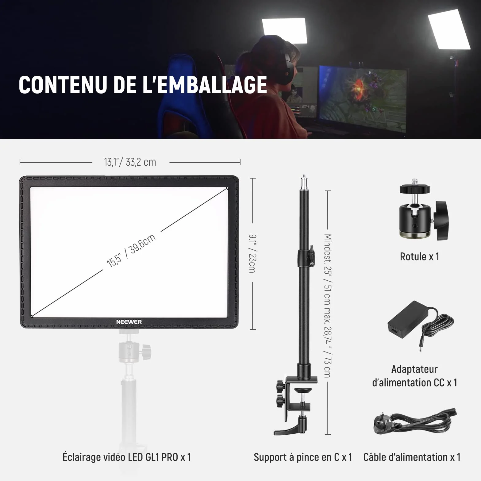 NEEWER GL1 PRO 15,5" Key Light do strumieniowego przesyłania i wideo, sterowanie 2,4 G do PC/Mac, iOS i Android, 2800 lumenów, profesjonalny panel LED Studio kompatybilny z Elgato Stream Deck do gier