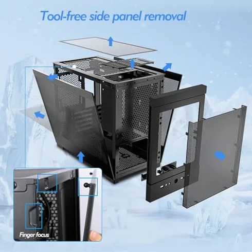 Obudowa na komputer z bocznym panelem ze szkła hartowanego i pionowym uchwytem GPU do konstrukcji M-ATX/ITX, konstrukcja panelu przedniego z siatką