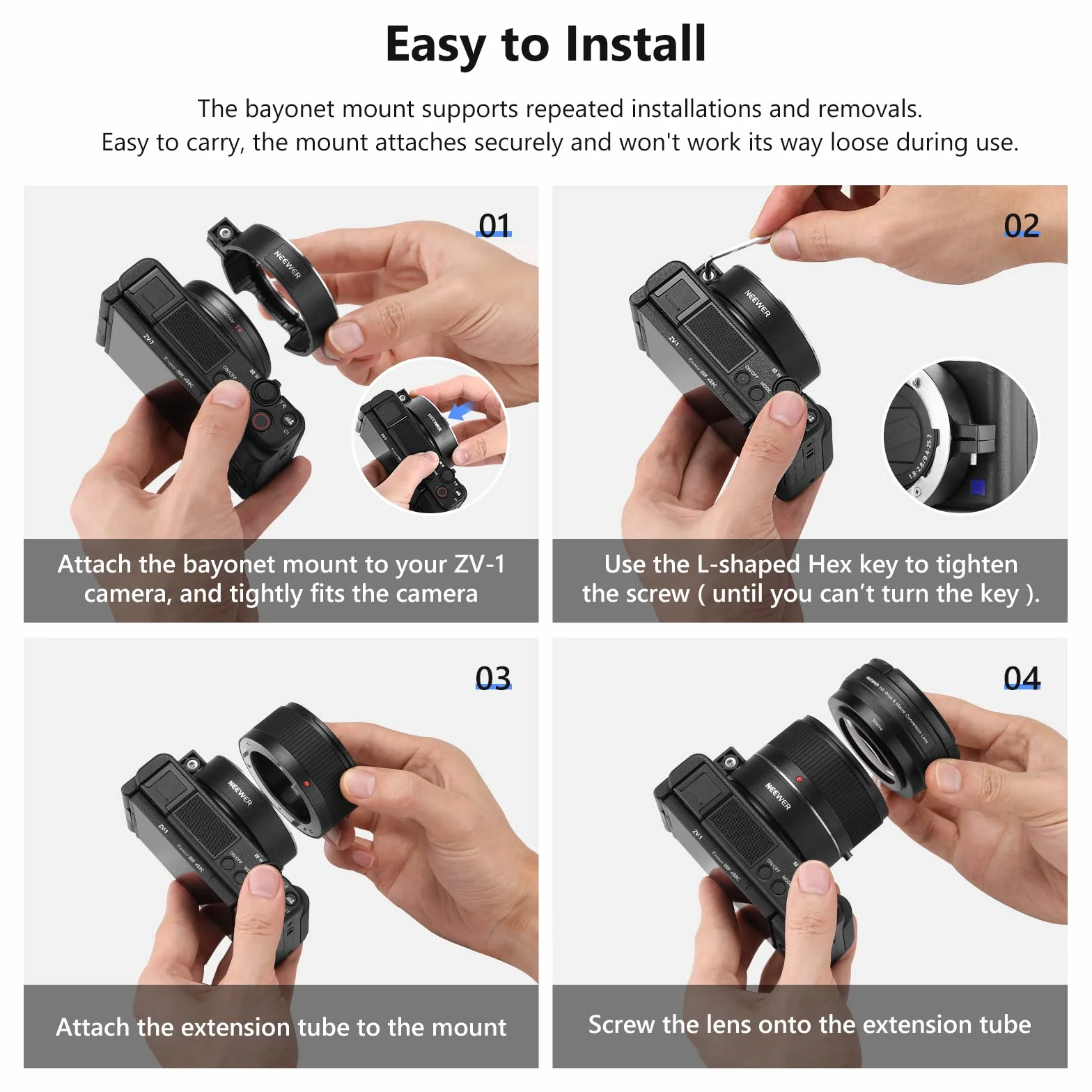 NEEWER Obiektyw szerokokątny kompatybilny z aparatem Sony ZV1, 2 w 1, szerokokątny obiektyw HD 18 mm i 10-krotny dodatkowy obiektyw makro z rurką przedłużającą, bagnetowy adapter soczewki, ściereczka