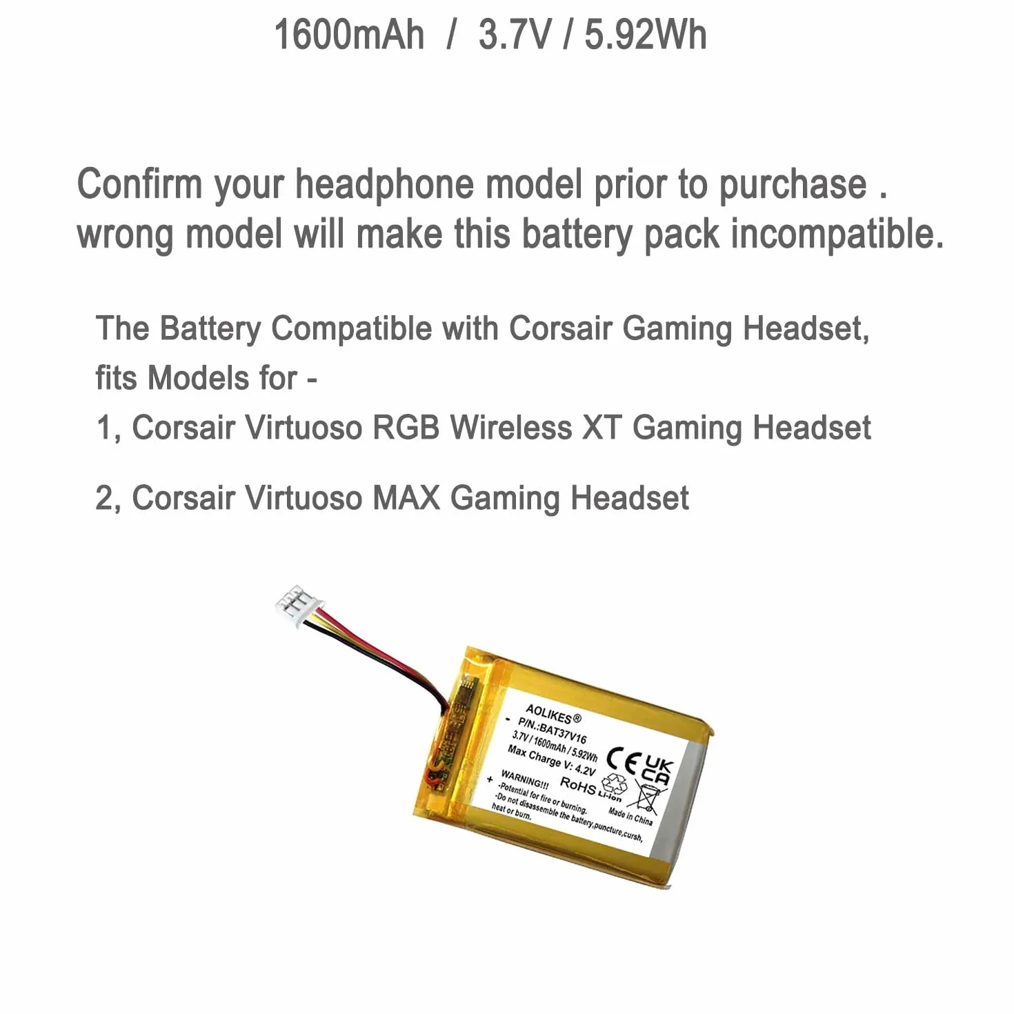 XINLANTECH 3,7 V 1600 mAh Zamiennik baterii do Corsair Virtuoso RGB Wireless XT, Virtuoso MAX Gaming Headset
