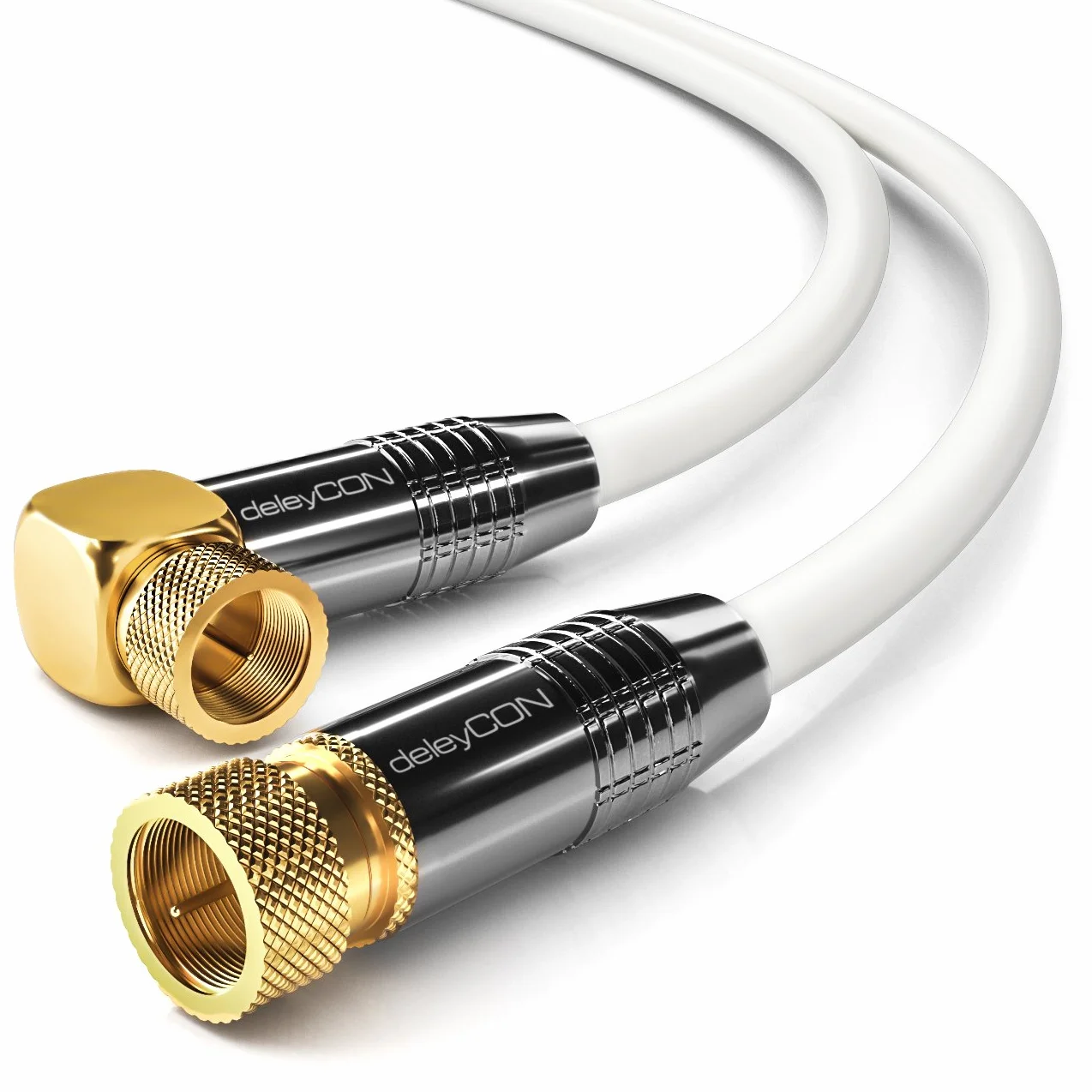 deleyCON 1m SAT Kabel Antenowy Satelitarny Koncentryczny - HDTV Full HD 4K - Wtyk F 90° Kątowy do Wtyk F Prosty - Biały