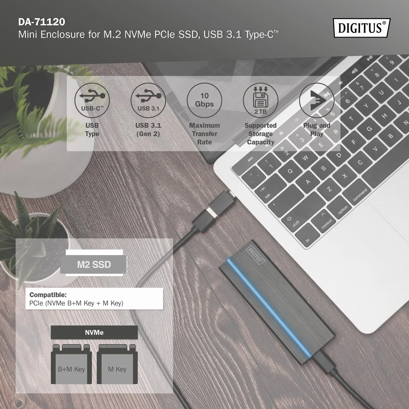 DIGITUS Zewnętrzna obudowa USB typu C 3.1 do dysków SSD M.2 NVMe - moduł M.2 typu 2280, 2260, 2242, 2230 - M/B+M-Key - do 10 Gbit/s - z kablem USB-C - Czarny