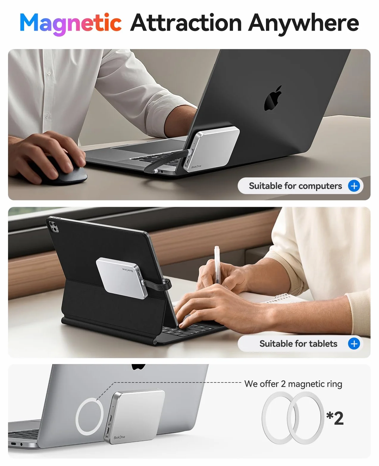 ORICO Magnetyczny zewnętrzny dysk SSD 1 TB z ładowaniem PD 100 W, do 1000 MB/s, przenośny dysk SSD USB 3.2 Gen 2, kompatybilny z laptopami typu C, smartfonami, iPhone 16/15 Pro Max - BookDrive P10PLUS