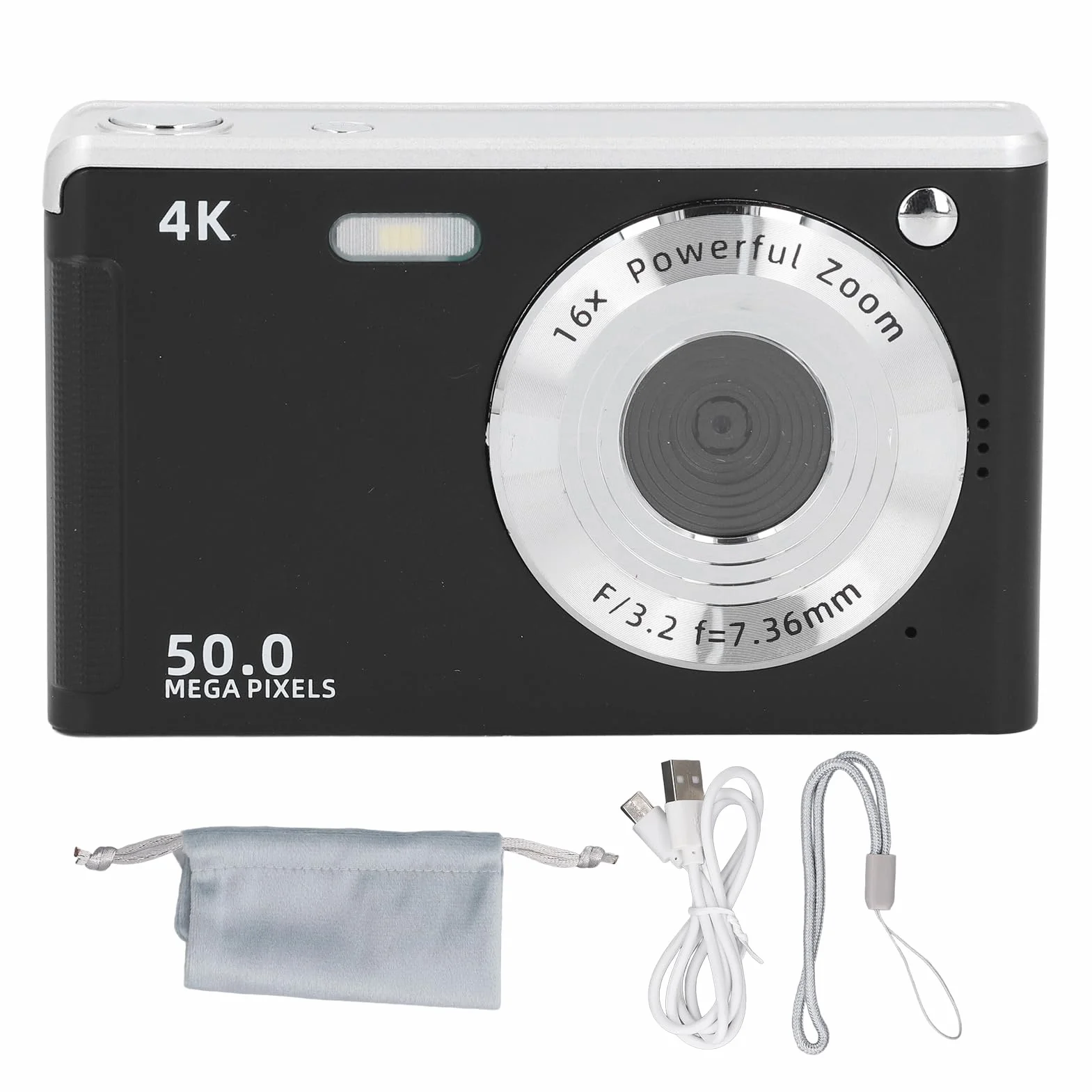 Cyfrowy Aparat Fotograficzny 4K do Fotografii, Aparat do Vlogowania z 16-krotnym Zoomem, Kompaktowa Podróżna Kamera Wideo 50 MP z Autofokusem i światłem Wypełniającym, dla (BLACK)