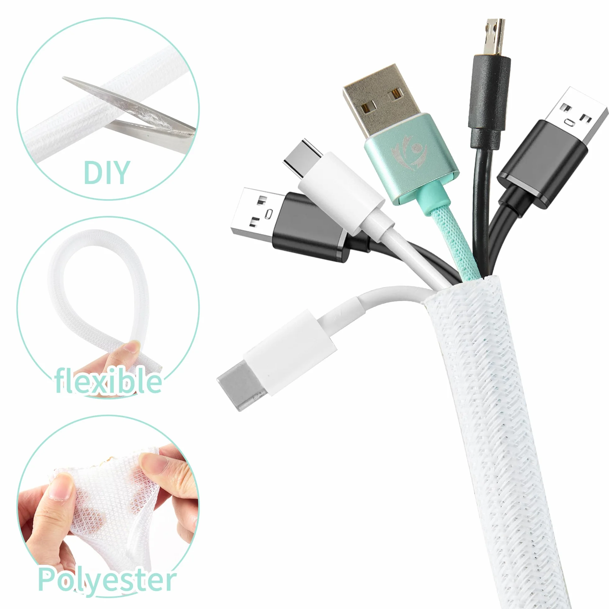 7,6 m – 1 cm, biała, dzielona osłona, osłona kabla dla zwierząt domowych, do żucia kotów, do przewodów zasilających USB, przewodów audio-wideo, 7,6 m