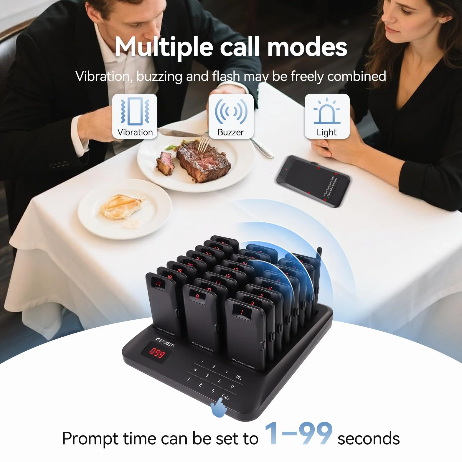 Retekess TD157P Bezprzewodowy System Przywoławczyi, 24 Pagerów, 800M, 39 Wzorców Połączeń, Bateria 300 mAh 24H, System Przywoływania Gości Nadaje Się do Food Courtów, Centrów Handlowych, Placów Zabaw