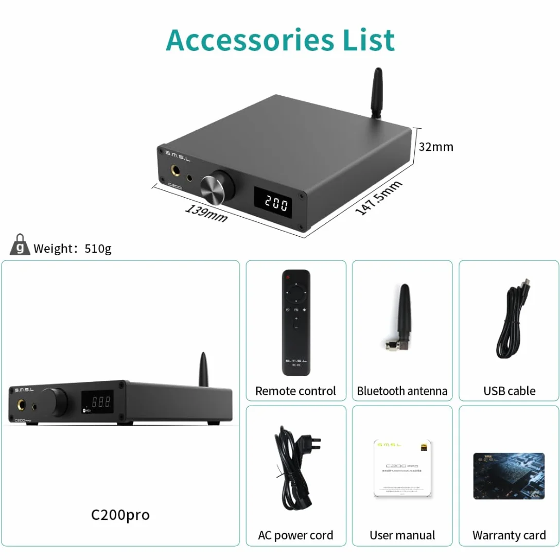 SMSL C200Pro HiFI Audio Decoder MQA-CD DSD ES9039Q2M XMOS XU316 obsługa Bluetooth 5.1 USB optyczny koncentryczny 6,35 mm wyjście 4,4 mm wzmacniacz słuchawek