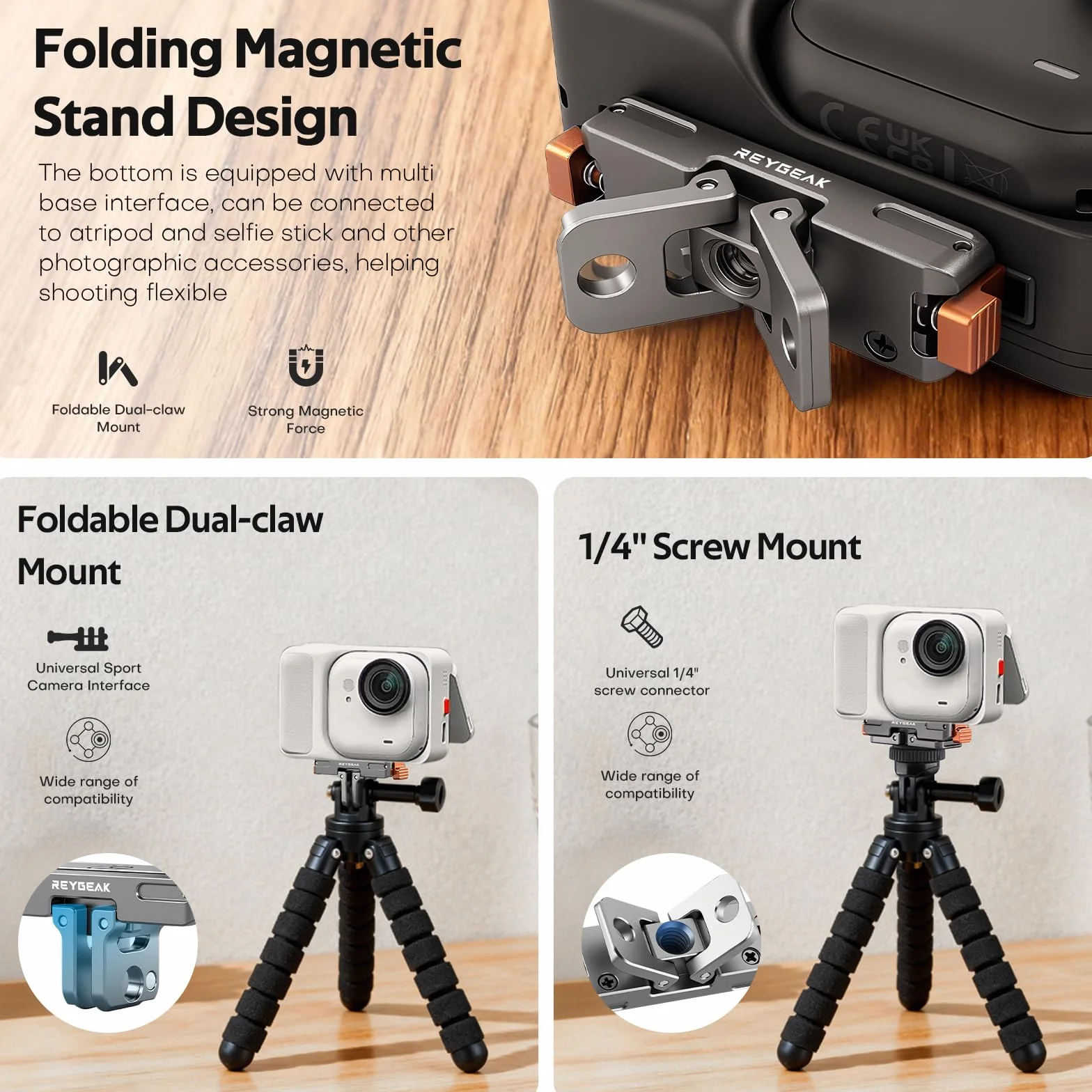 REYGEAK Aluminiowy uchwyt szybkomocujący do insta360 GO Ultra, aluminium CNC rzeźbione magnetyczne mocowanie adaptera ze śrubami 1/4 cala