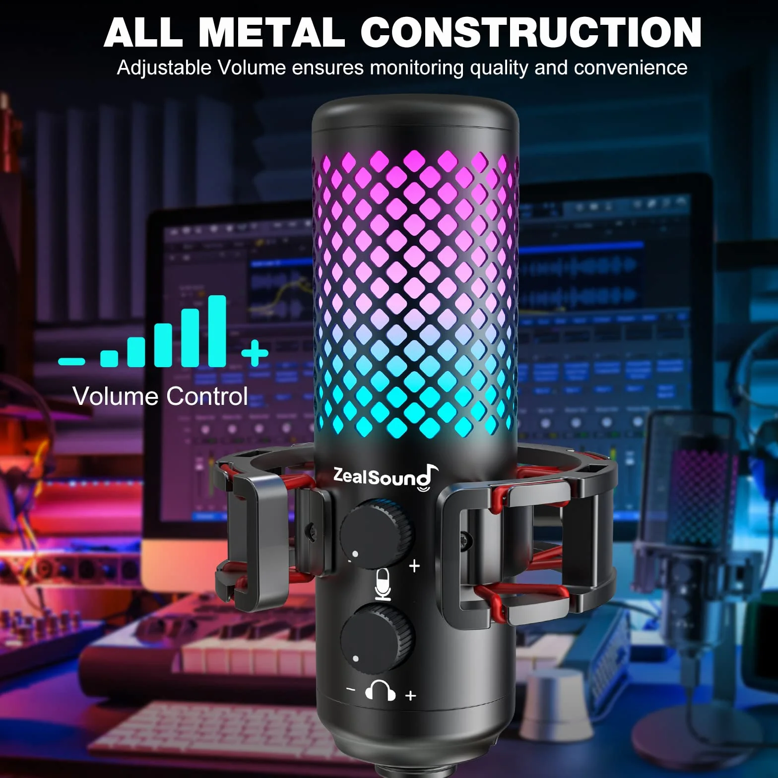 zealsound Mikrofon do gier, mikrofon pojemnościowy RGB USB do PS4 i 5, PC SMARTFOE, z adapterem Lightning i typu C, filtr pop, pokrętło wzmocnienia do podcastów, strumieniowania, nagrywania, konstrukcji w całości metalowej, BKD12A