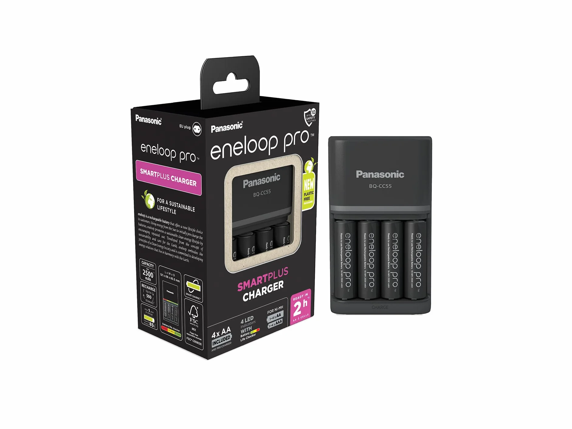Ładowarka Panasonic eneloop SmartPlus do 1–4 akumulatorów AA/AAA Ni-MH z 4 wskaźnikami LED i 10 funkcjami bezpieczeństwa, w zestawie z 4 akumulatorami eneloop AA/Mignon, min. 2500 mAh, czarna