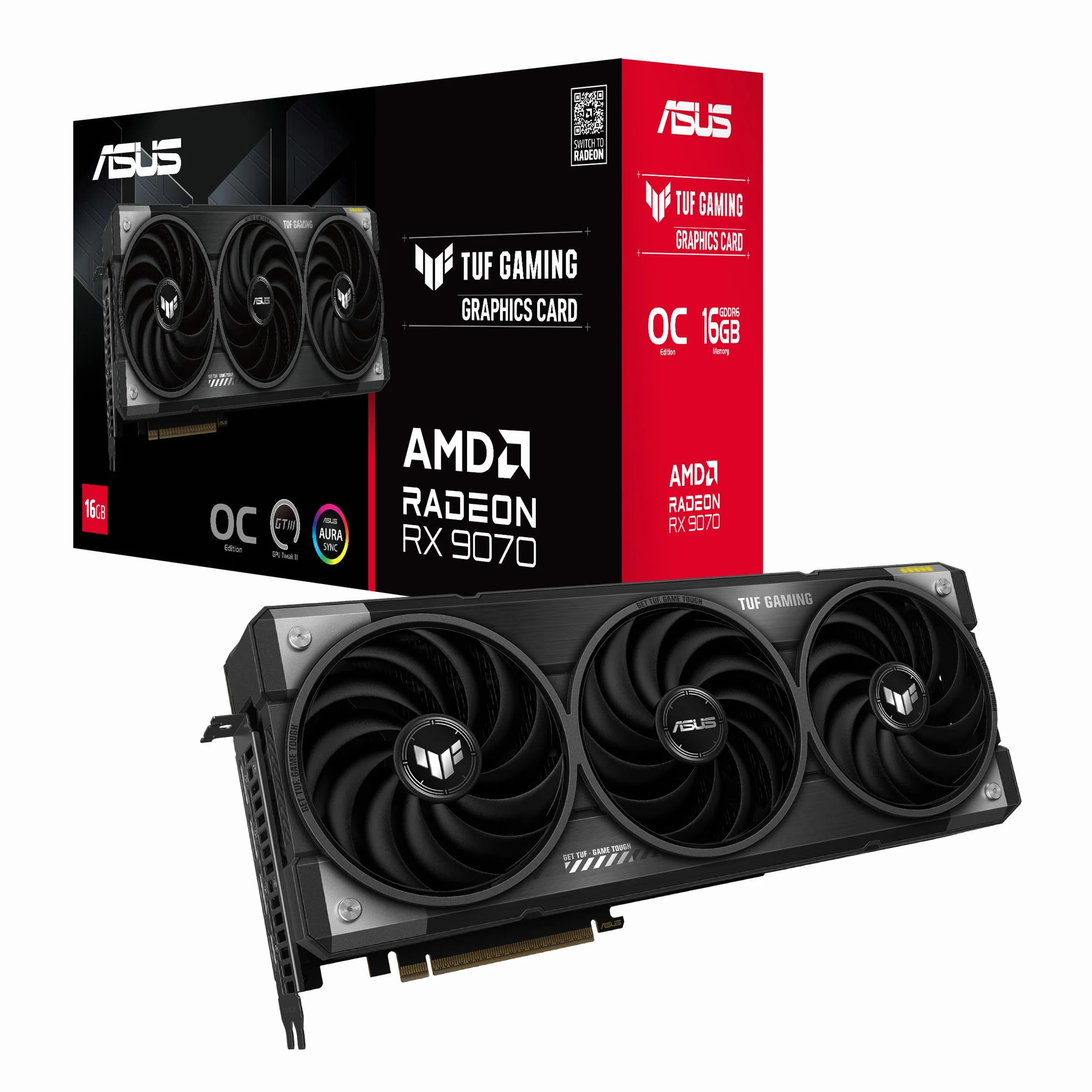 ASUS TUF GAMING RX9070 OC, PCIe5, 16 GB DDR6, HDMI, 3 DP, zegar 2670 MHz, oświetlenie RGB, podkręcony