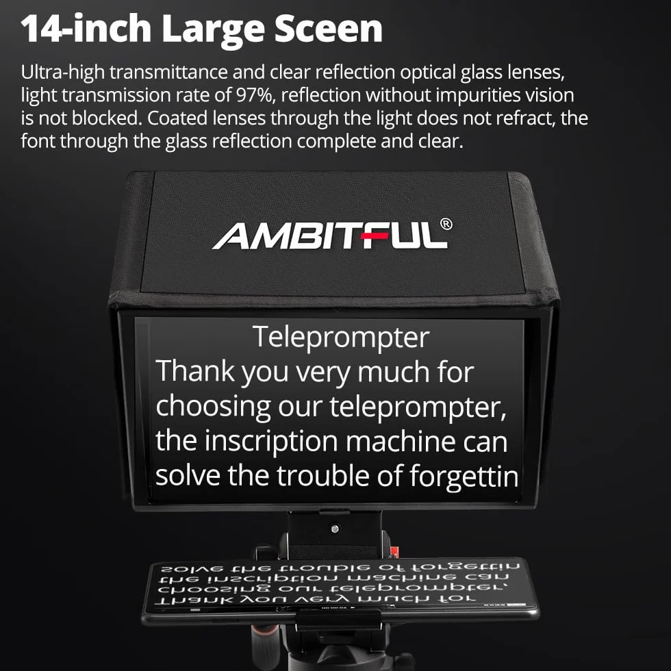 Ambitful T14Pro Teleprompter 35.6 cm do aparatu, iPada tabletu z systemem Android, smartfona, sterowanie aplikacją/bez montażu, kompatybilny z iOS Android, do technik online, wywiadów, vloggera