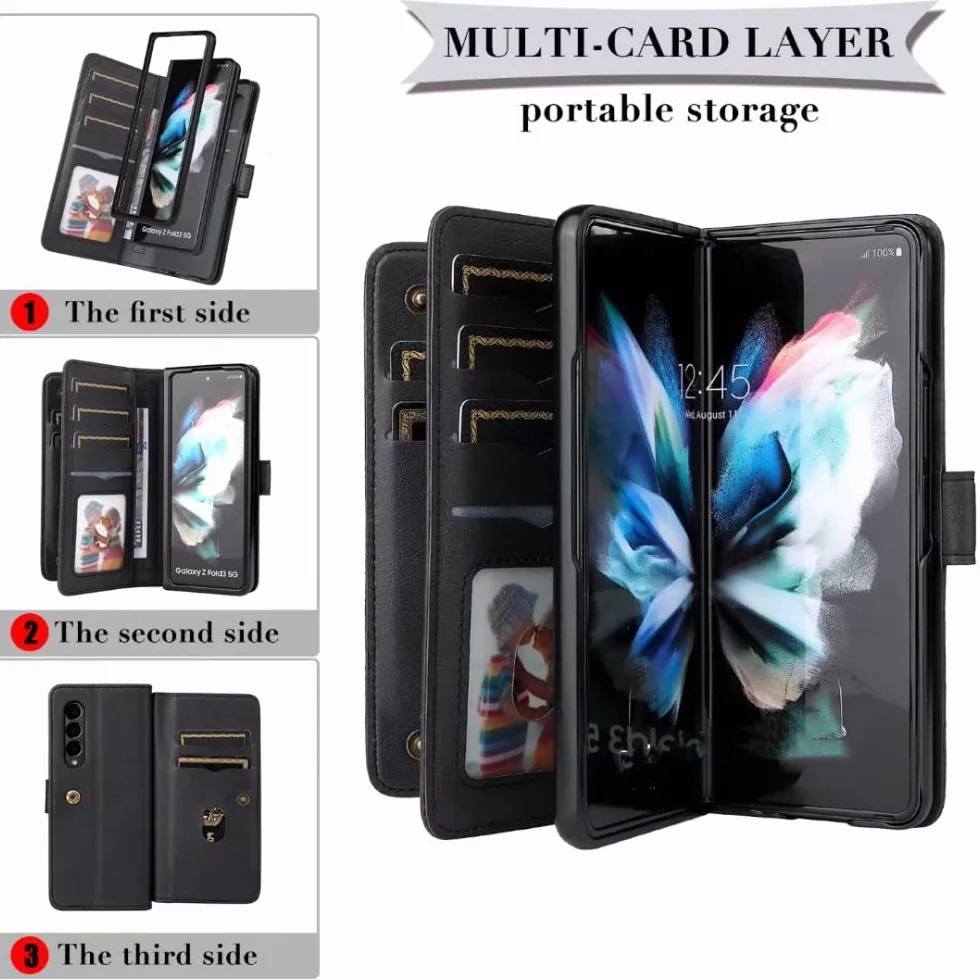 Do Galaxy Z Fold 3 5G Etui PU Skórzane zamknięcie magnetyczne 10 Posiadacz karty Podpórka Twarda obudowa PC do Samsung Z Fold4 S22 S21, Ciemnoczerwony, Do Samsung S22