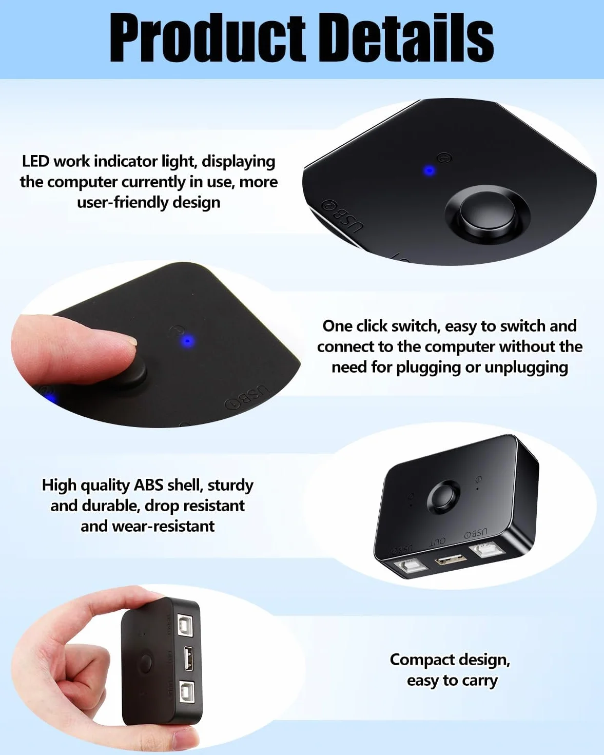 Przełącznik USB 2.0 do udostępniania drukarki 2 szt. 1 x ręczna drukarka USB z adapterem LED Plug & Play z 2 przewodami o długości 1,5 m, kompatybilny z Windows, macOS