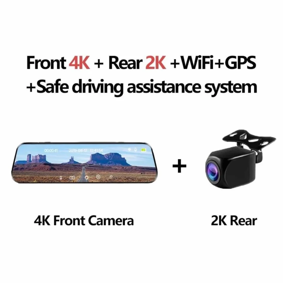 Kamera lusterkowa montaż paskowy 10 cali 4K przód 2K tył, wodoodporna kamera cofania WiFi GPS ADAS, widzenie WDR tryb parkowania nagrywanie pętli audio ukryte przewody