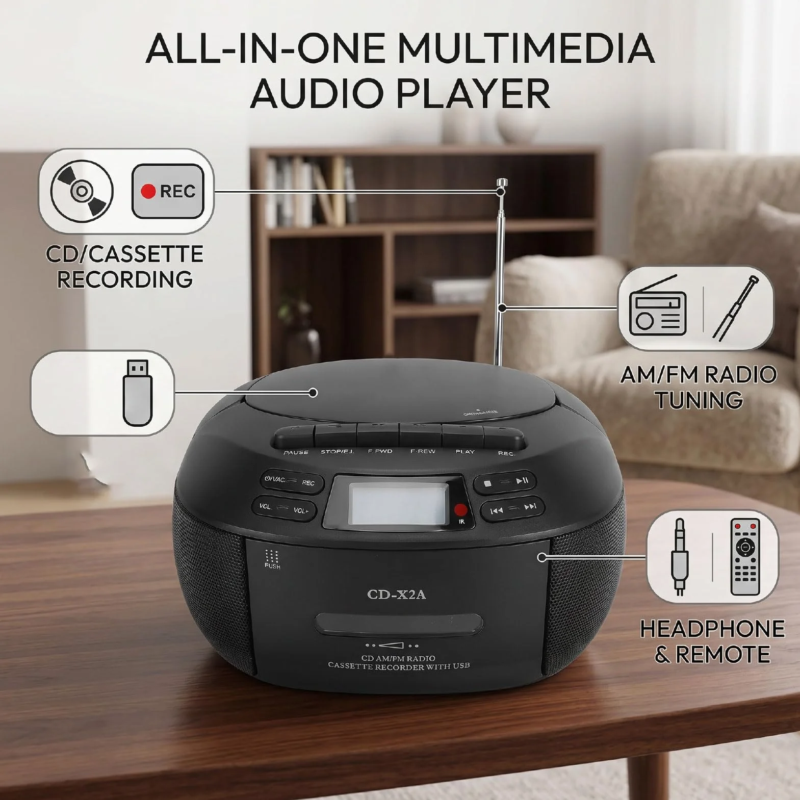 Luocute Odtwarzacz CD Odtwarzacz Kasetowy z Bluetooth, Radiem AM/FM, Nagrywaniem na taśmę, Odtwarzaniem Przez USB, AUX, Pilotem, Wyświetlaczem LCD, Zasilaniem AC/DC, Gniazdem (wtyczka UE)