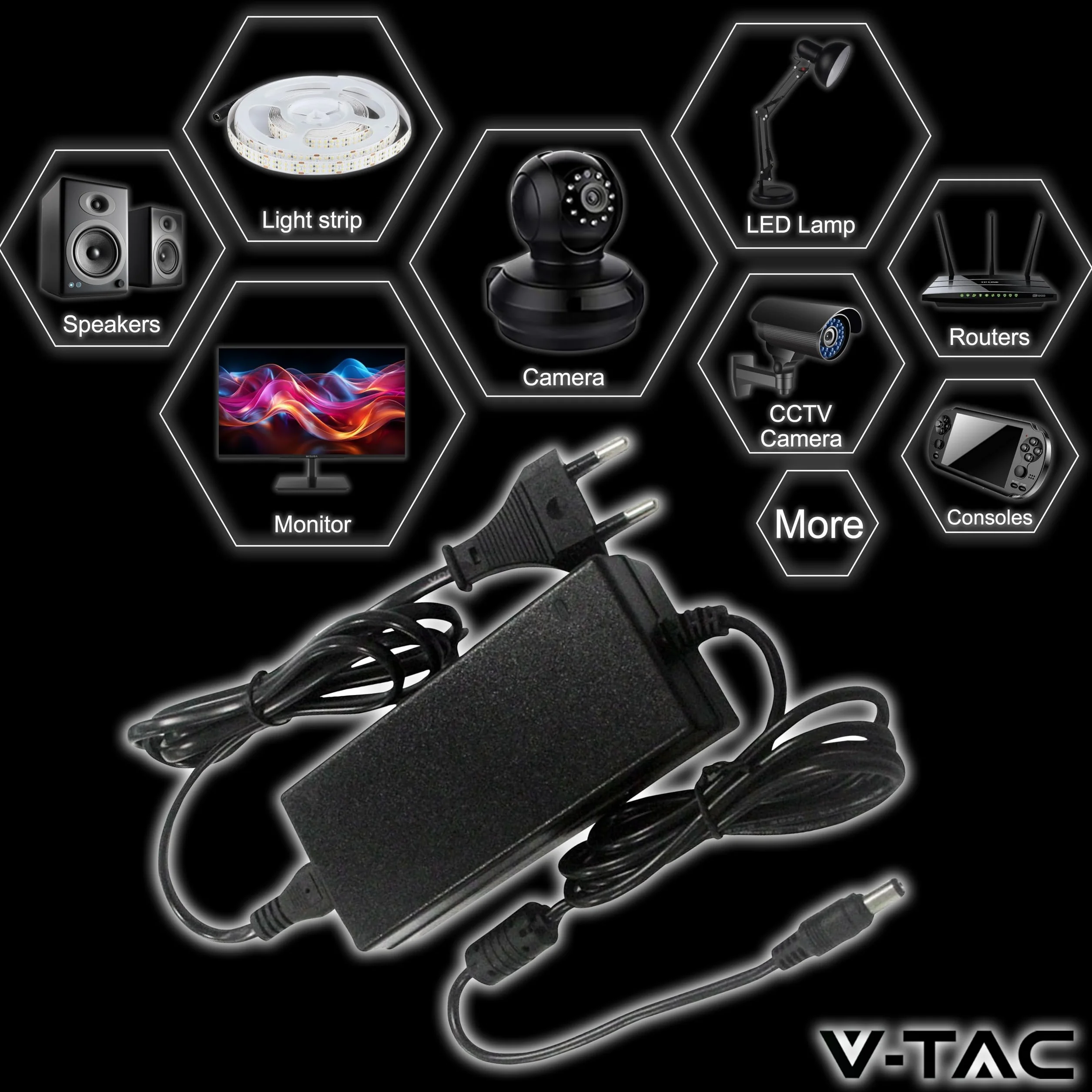V-TAC Zasilacz 12 V 78 W 6,5 A z gniazdem 2.1 do kamer, taśmy LED, modem - transformator 12 V Plug&Play z wtyczką do domu do ekranów, urządzeń elektronicznych - Wejście AC 100-240 V