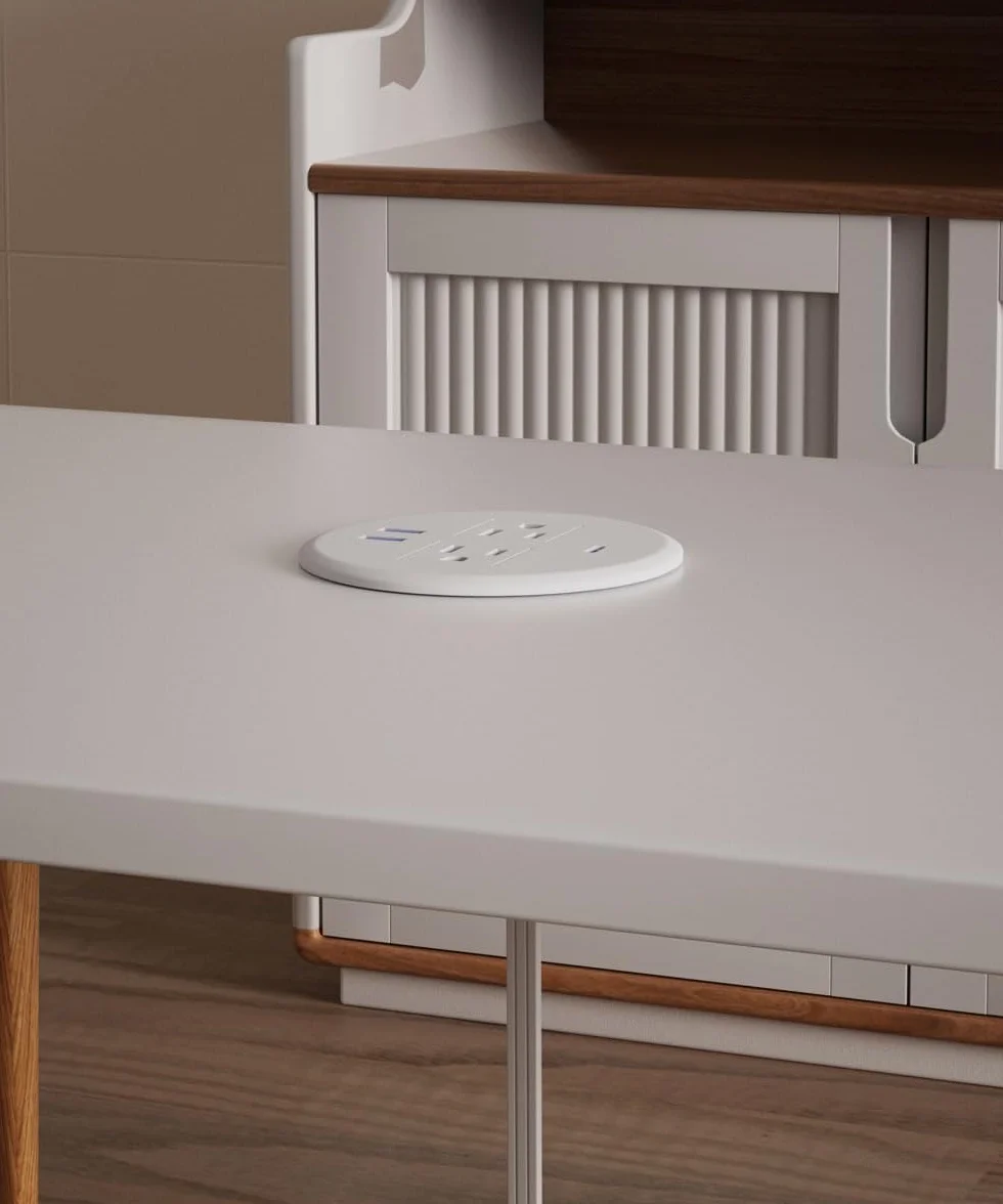 Wpuszczane przelotki zasilające, 7 cm, 20 W, szybkie ładowanie USB C.Fadossu na biurko, podtynkowe gniazdo zasilania z 2 gniazdkami AC, 3 porty USB, pasują do okrągłego otworu na biurko, przewód 16 cm