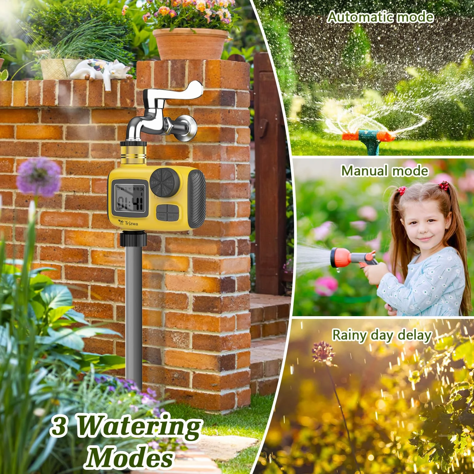 Timer nawadniania z wyświetlaczem LCD Najnowszy system automatycznego nawadniania z 3 niezależnymi programami nawadniania, timer nawadniania posiada funkcję opóźnienia deszczu