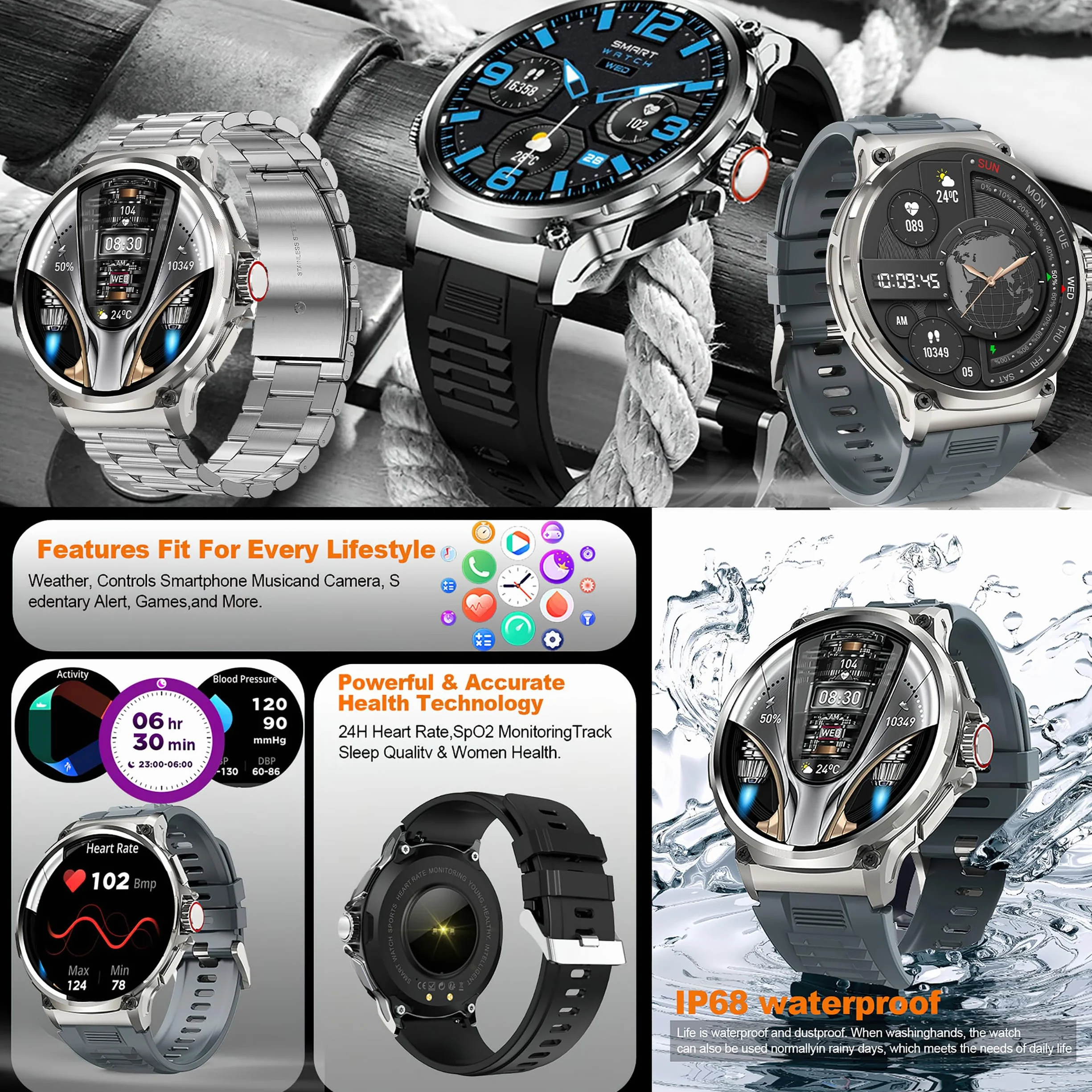 Smart Watch dla mężczyzn z funkcją telefonu, 1,85" AMOLED okrągły ekran, monitor tętna, śpiączki, krokomierz i połączenia telefoniczne