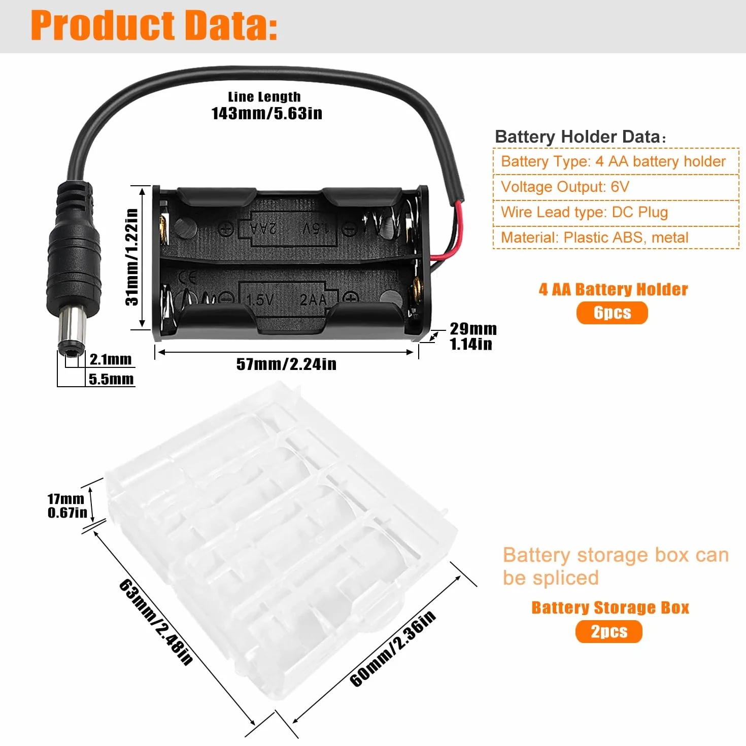 KUOQIY Uchwyty na Baterie AA 6V Battery Storage Box z Wtyczką DC Plastikowy Pojemnik