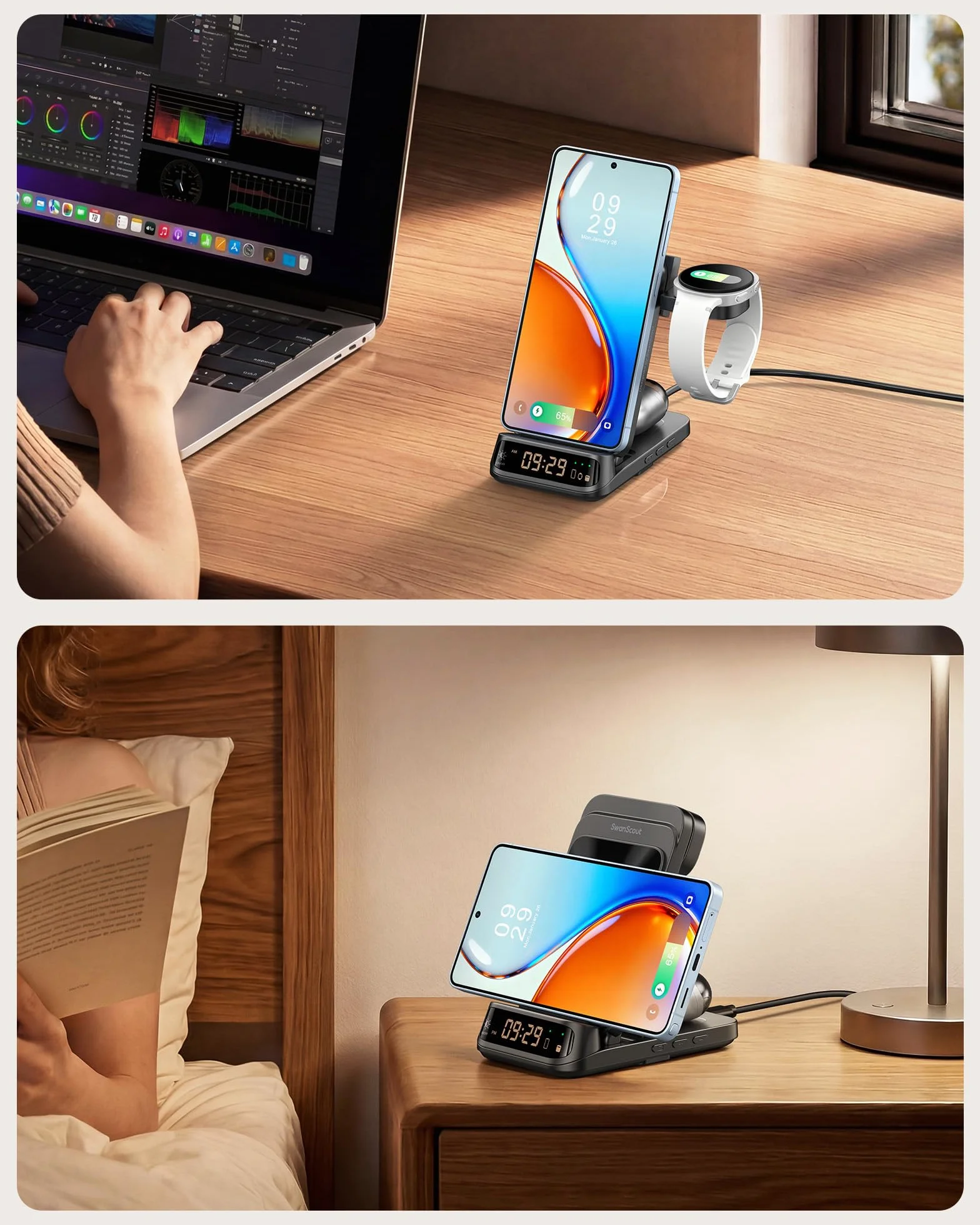 SwanScout Indukcyjna stacja ładująca, bezprzewodowa ładowarka do Samsung Galaxy S25 Ultra/S25+/S25/S24/S23/S22/S21, do Galaxy Watch Ultra/8/8 Classic/7/6/5/4, SwanScout 708S (bez adaptera) (czarna)