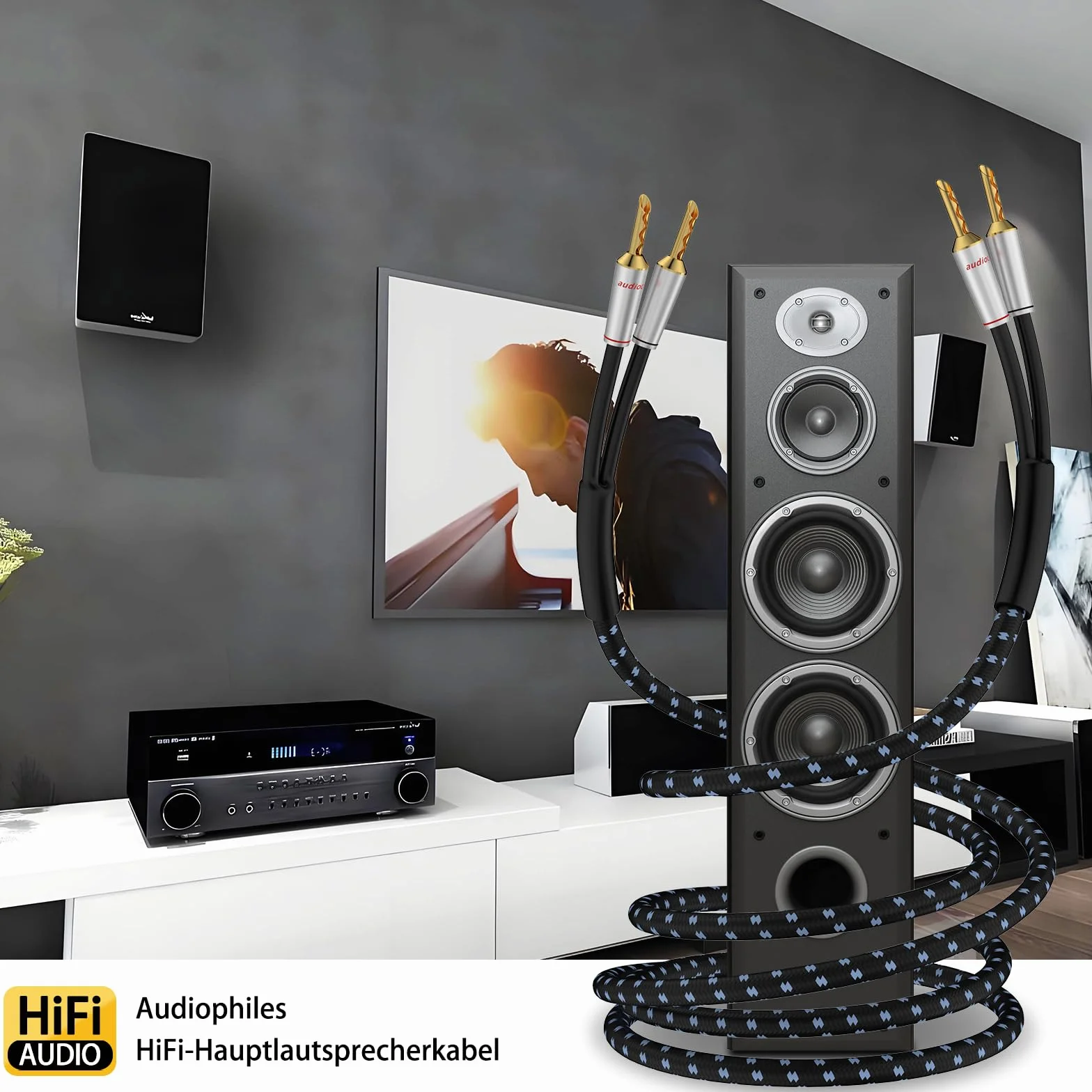 Tertullus 1 para wysokiej klasy kabel do głośników OFC, 3 m, posrebrzany z wtyczką bananową Hi-Fi, kabel do głośników do kina domowego i systemu Hi-Fi
