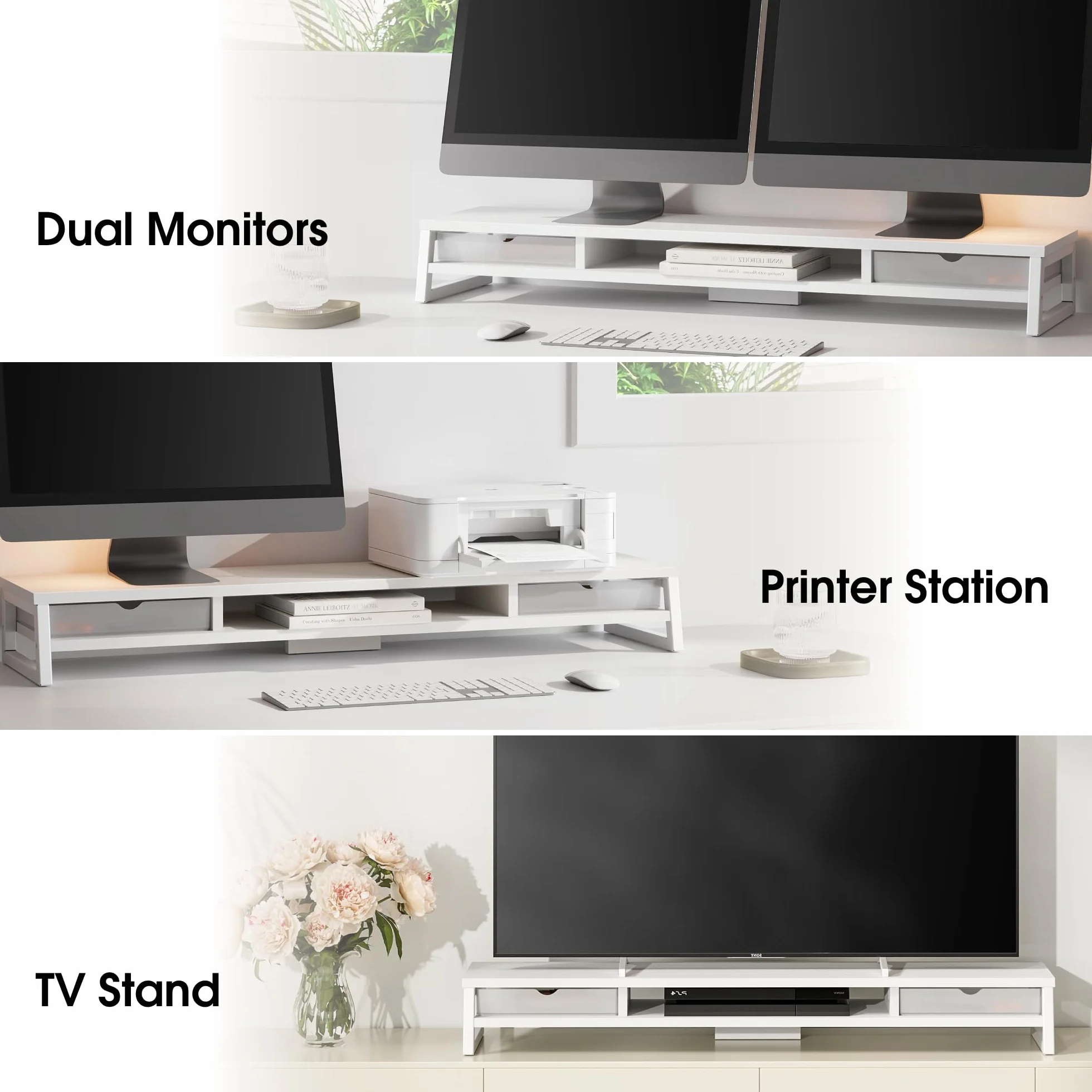 Fenge Podwójny stojak na monitor, riser, z 2 szufladami akrylowymi, 2 poziomy, 108 cm, stojak na ekran komputera / laptopa, faksu, drukarki, telewizora, nośność 45 kg (biała)